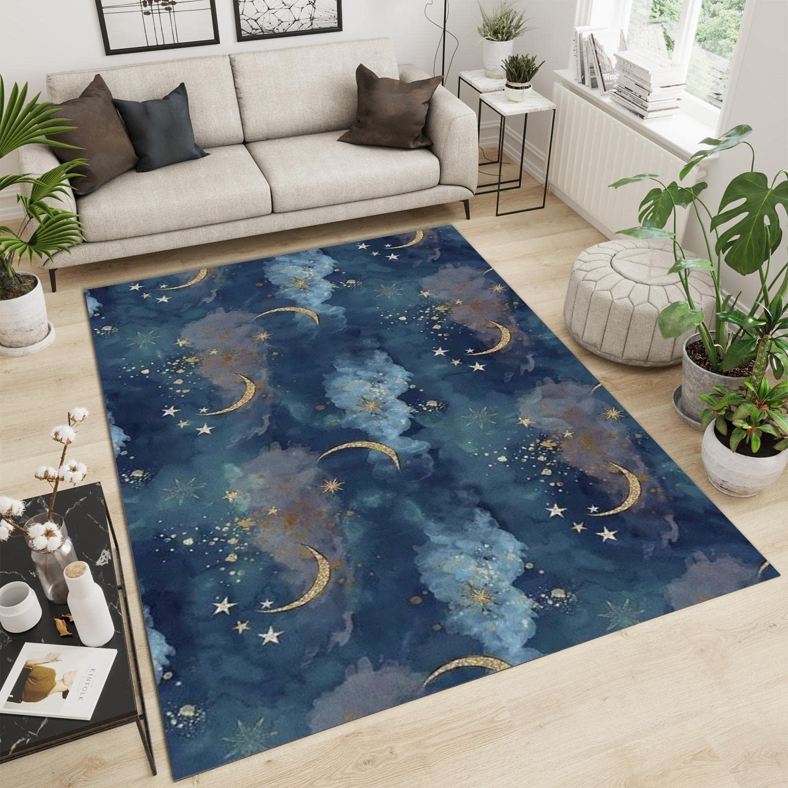 ALNILA Modern Cartoon Night Sky Area Rug, Cloud Star Moon Indoor Kids Rug, Soft Durable Rubber Non-Slip Backing Floor Decor Large Rug, for Living Room Bedroom Kids Room Nursery 6x8ft