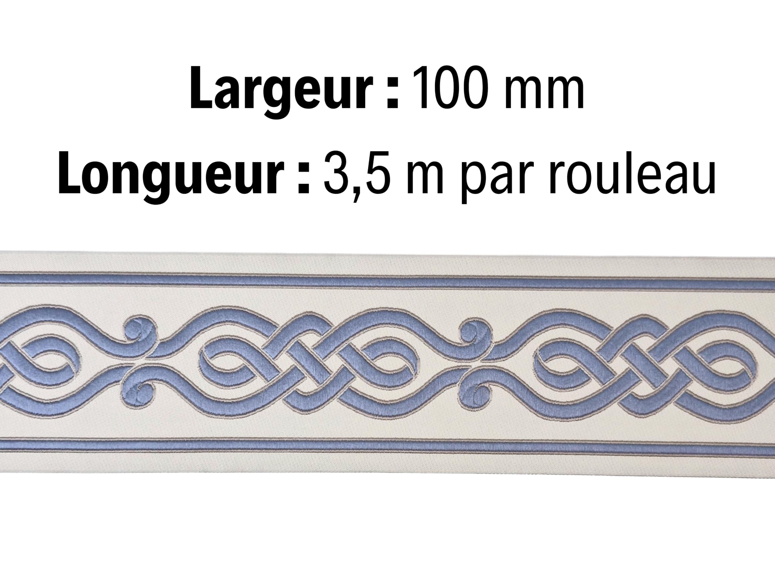 Besticktes Gardinenband, 100 mm, keltisches Muster, ideal für Vorhänge, Tapisserie, Nähen und Dekoration, 3,5 m, puderblau und elfenbeinfarben