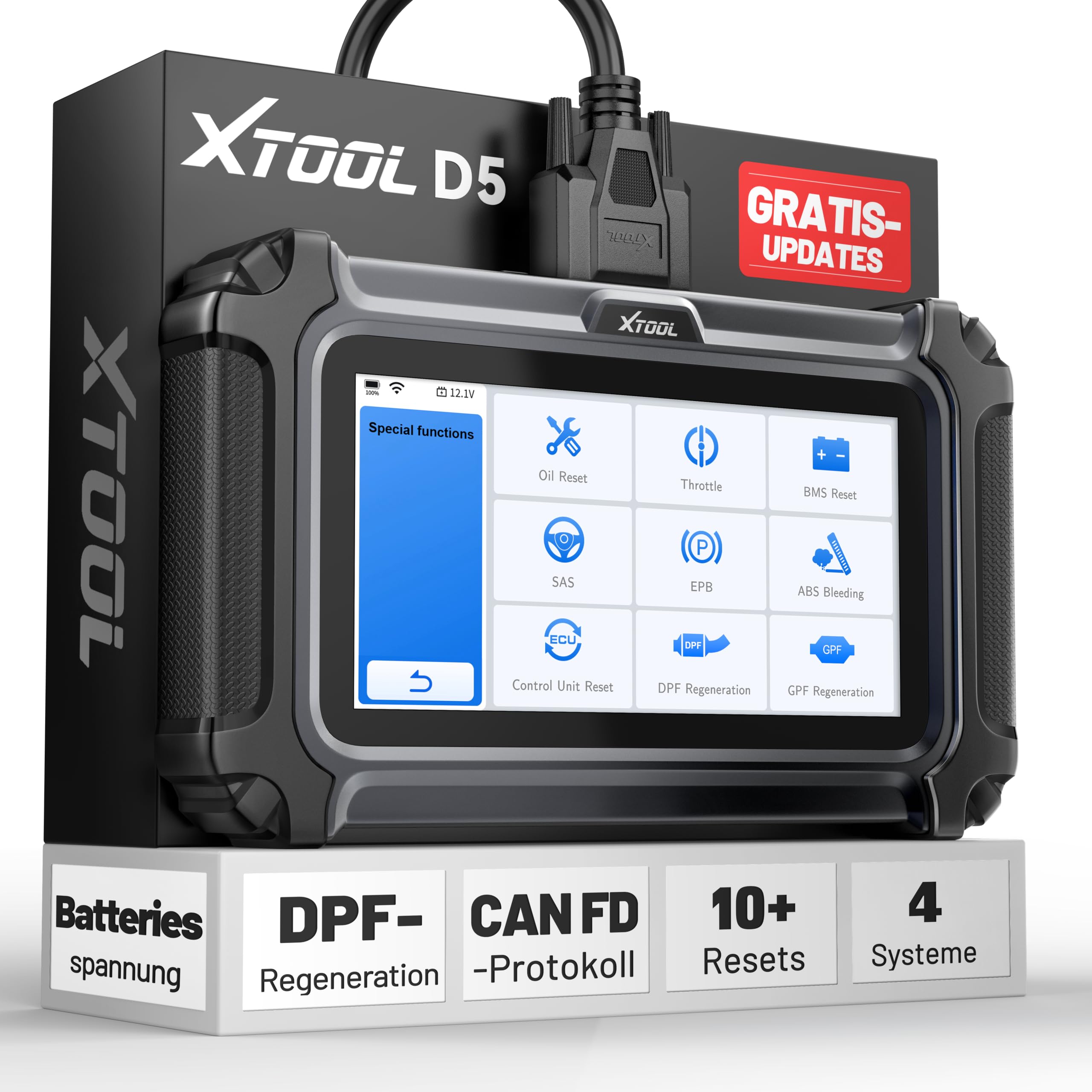 XTOOL D5 OBD2 Diagnosegerät, Kfz Scanner für Motor ABS SRS Getriebe, 10 Resets, EPB, ABS-Entlüftung, Drosselklappe, Motorkontrollleuchte Löschen, Lebenslange Gratis Updates