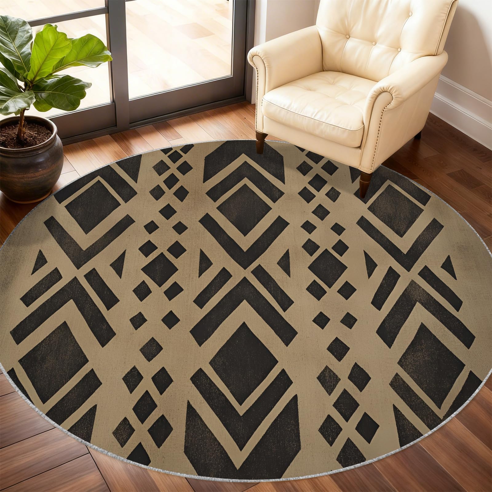 Tapis rond tribal diamant marron foncé de 2m pour salon et chambre