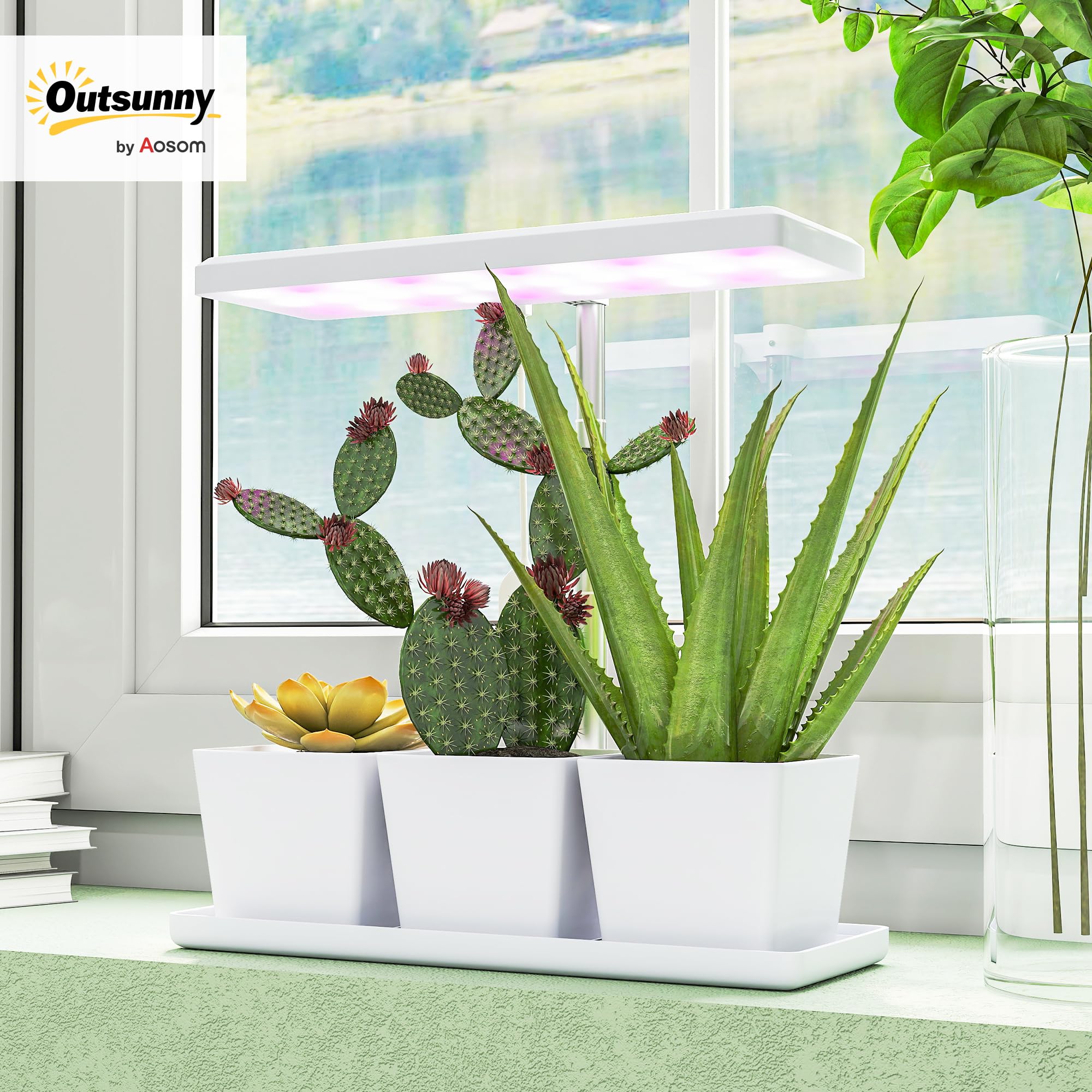 Outsunny Lampe de croissance 10W lampe plante de culture LED à spectre complet avec 3 bacs à fleurs, minuterie marche/arrêt automatique 8/12/16/24 H, 5 niveaux de luminosité, hauteur réglable, blanc