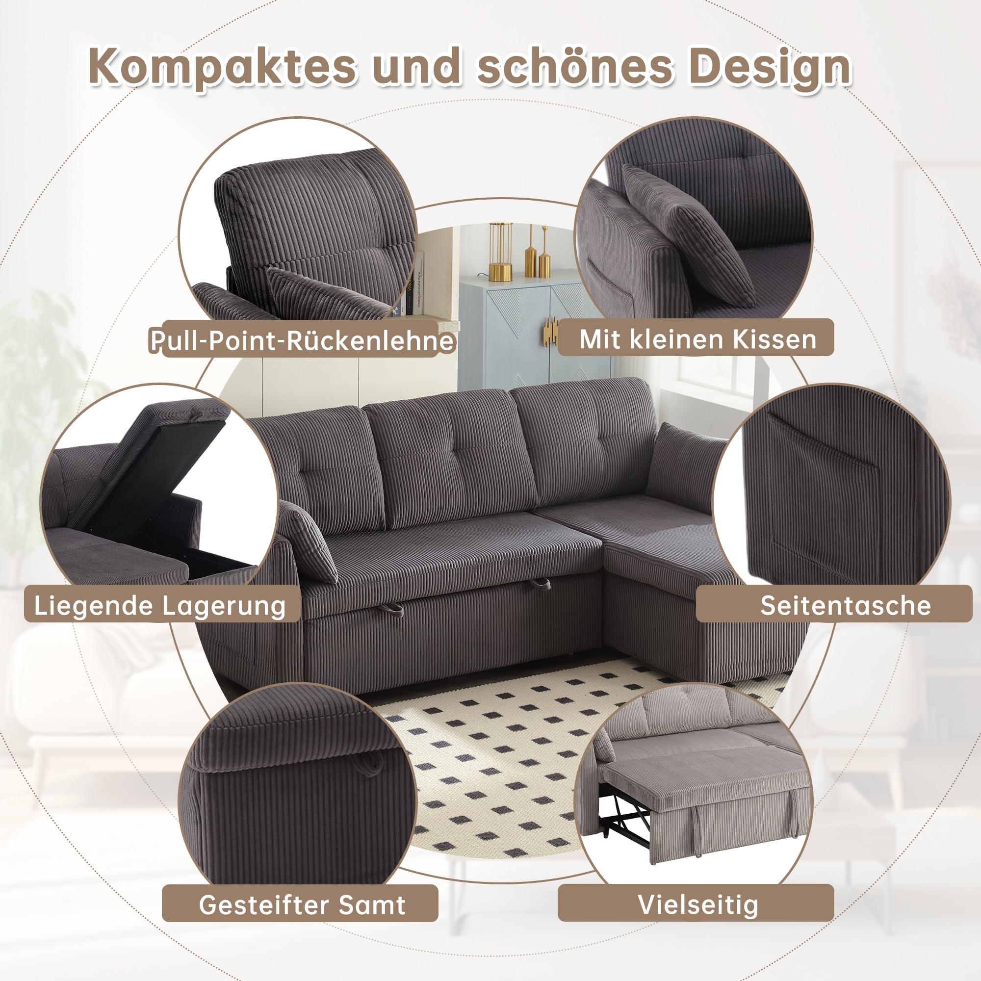Divano letto modulare a 3 posti con vano portaoggetti – Divano in velluto a coste con funzione sleep & lettino estraibile | Divano letto a forma di L per soggiorno | Divano letto con contenitore
