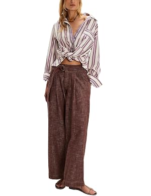 Faleave Womens High Waisted Belted Trousers Wide Leg Pants with Adjustable D-Ring Pleated Paperbag Waist with Pockets