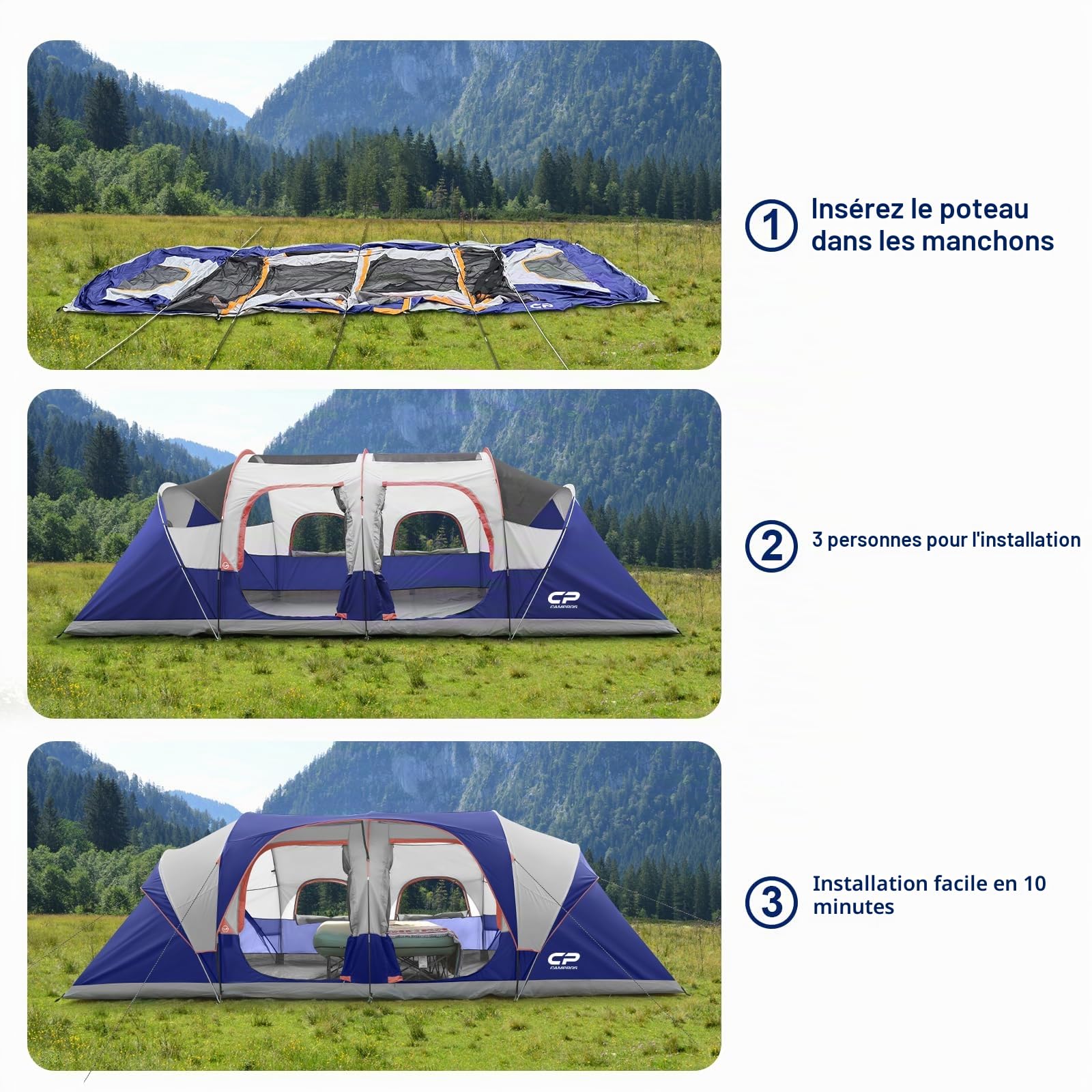 CAMPROS CP Tente Familiale 6-12 Personnes, Grande Tente Tunnel avec 3 Chambres, Hauteur 183 cm, Tente Camping Imperméable avec Grand Espace de Vie, Moustiquaires et Sac de Transport