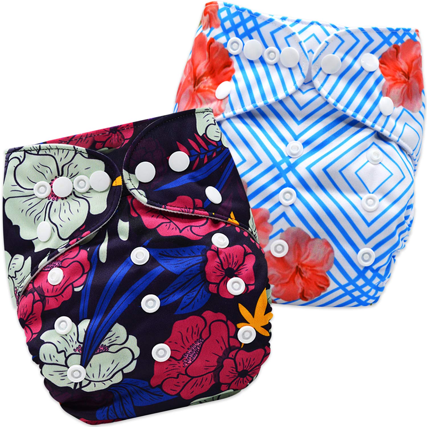 Bembika Cloth Polyester Diapers for Babies, Washable Reusable Adjustable Sizes No Inserts Included (Anchor + Floral, 0-2 Years) -Combo Pack of 2