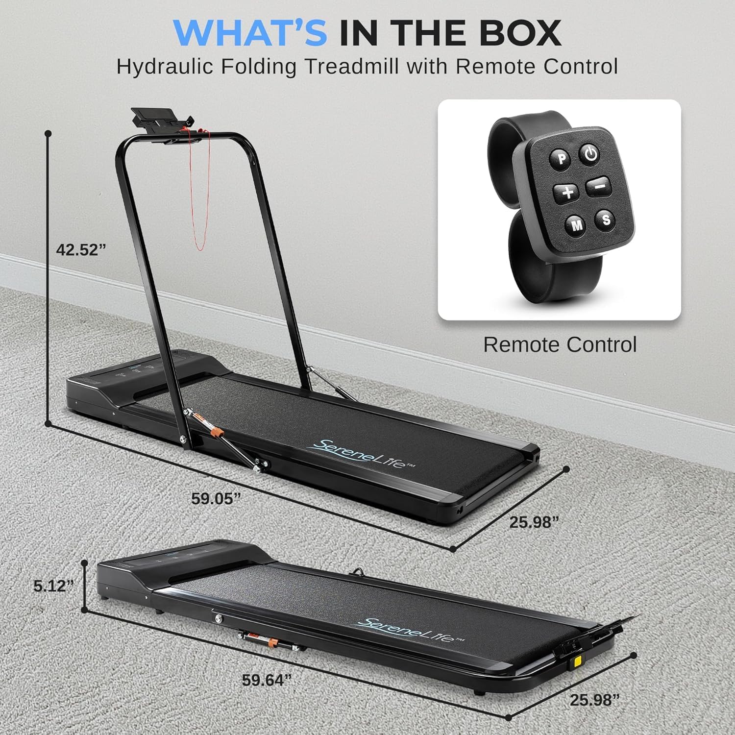 SereneLife Foldable 2 in1 Treadmill & Walking Pad with Remote Control, Compact Under Bed/Desk, 1.5 HP, 0.6-7.5MPH, App Support, Easy Assembly and Storage for Walking or Jogging Home/Office, 265lbs