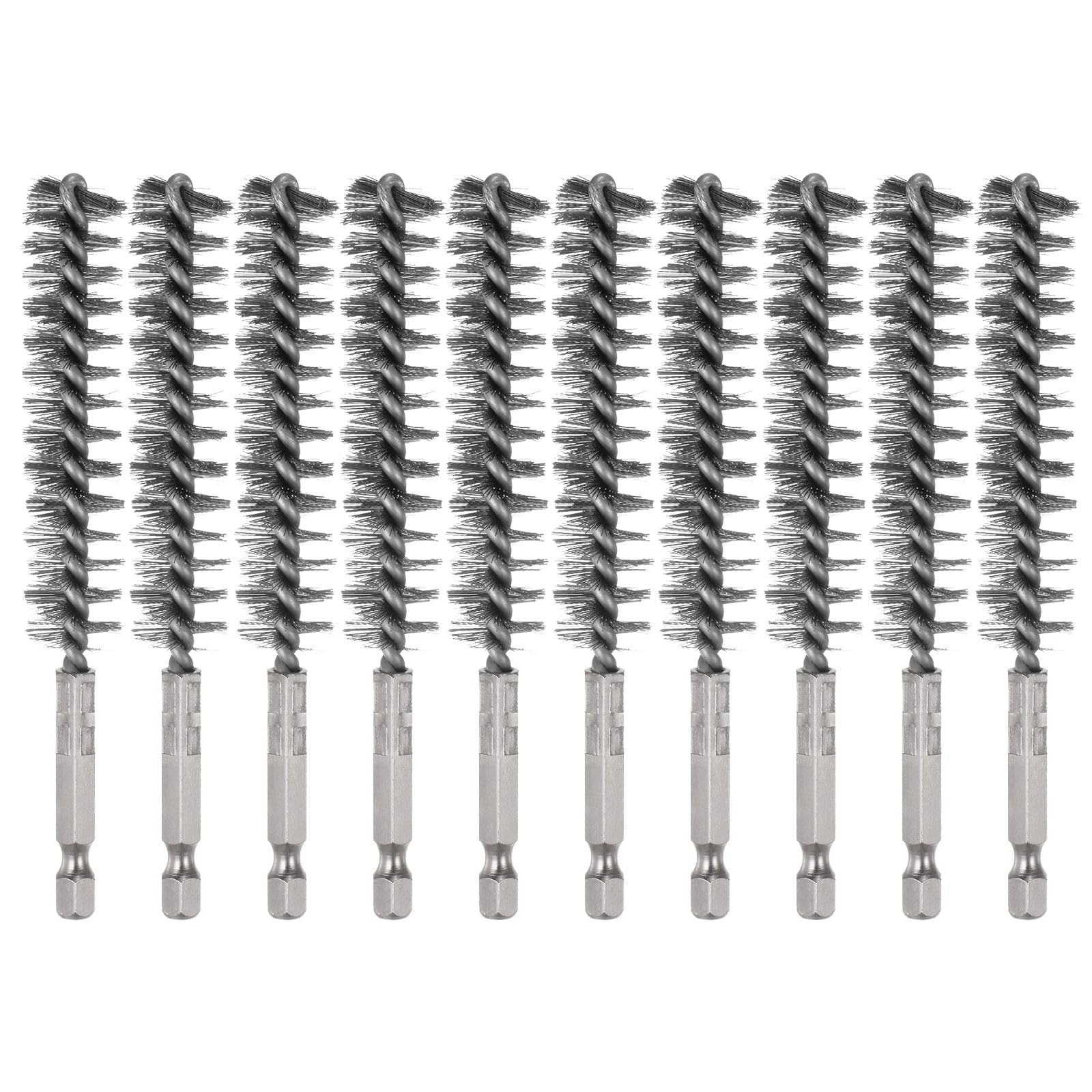 sourcing map 10Pcs 304 Stainless Steel Bore Brush 16mm Dia 4.5" Long Cleaning Twisted Wire Brush with Handle 1/4" Hex Shank for Tubes Ports Bearings, Silver