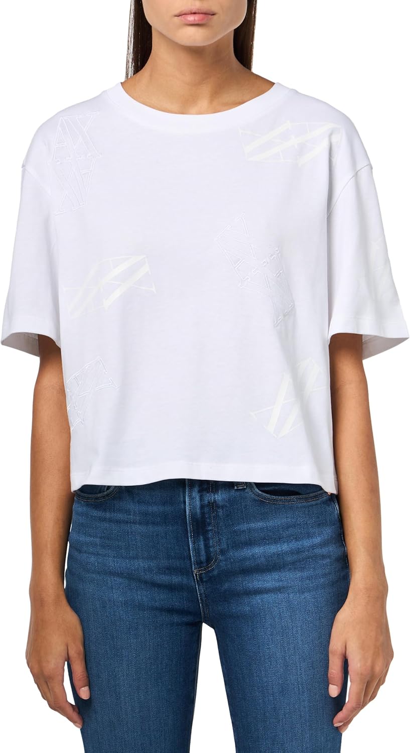 Armani Exchange Women's Cropped Emroidered & Printed Monogram Logo Boxy Fit Tee