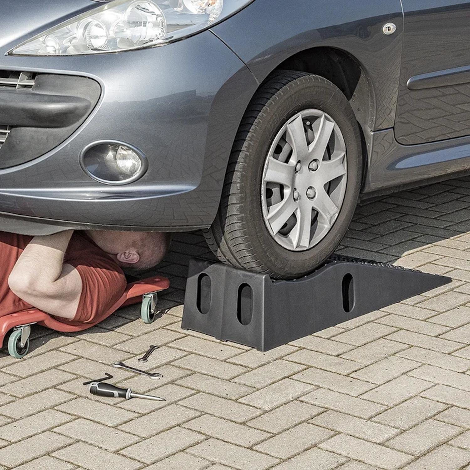 2X Auffahrrampe PKW bis 3000 kg, stabile Rampe für Auto und Wohnmobil, Auffahrkeil Set für Wartung und Reparatur in der Garage
