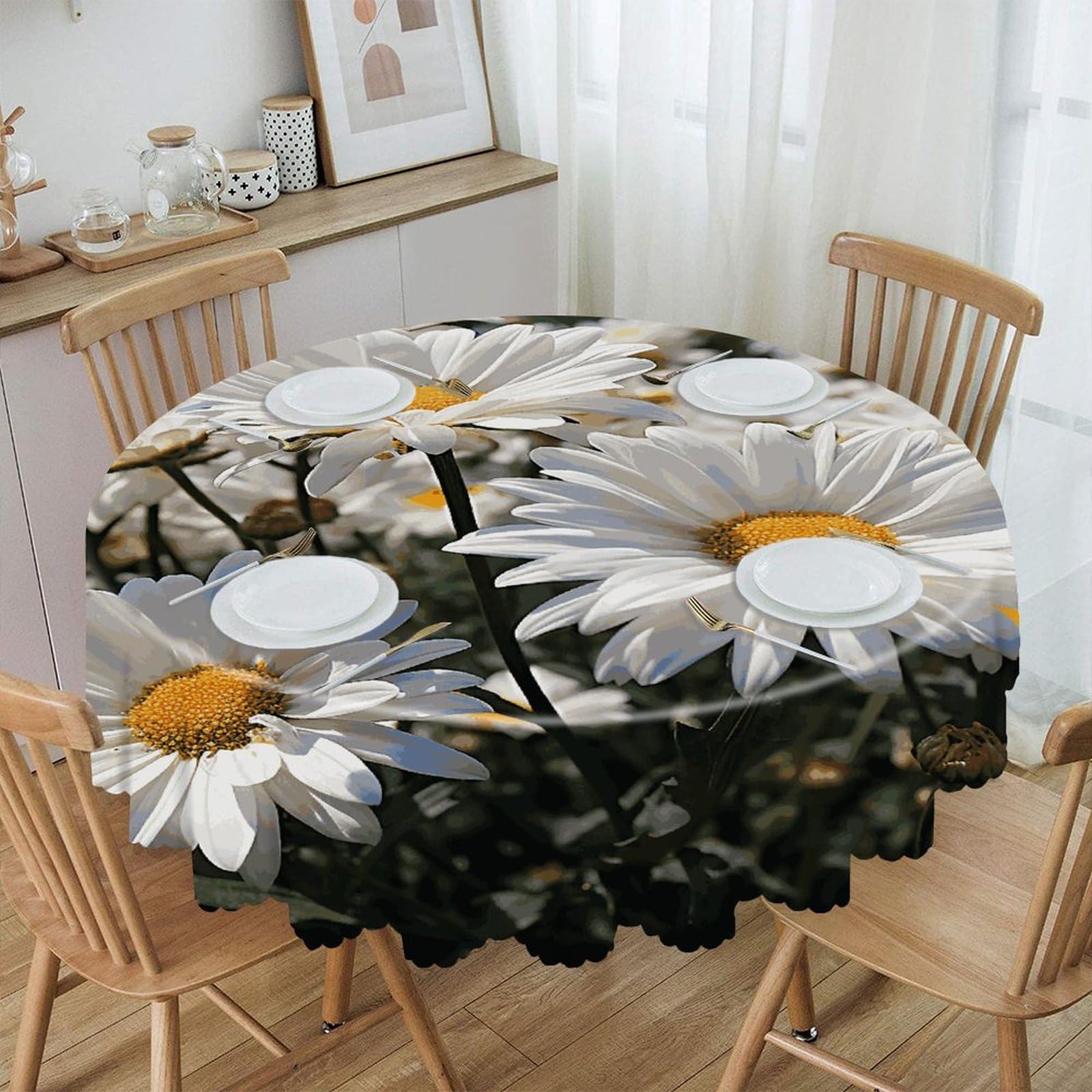 VstaDank Wild White Daisies Round Tablecloth 60 Inch Easy to Clean Circle Table Cover Thick Decorative Round Polyester Table Cloth for Dining Kitchen Party Farmhouse Outdoor