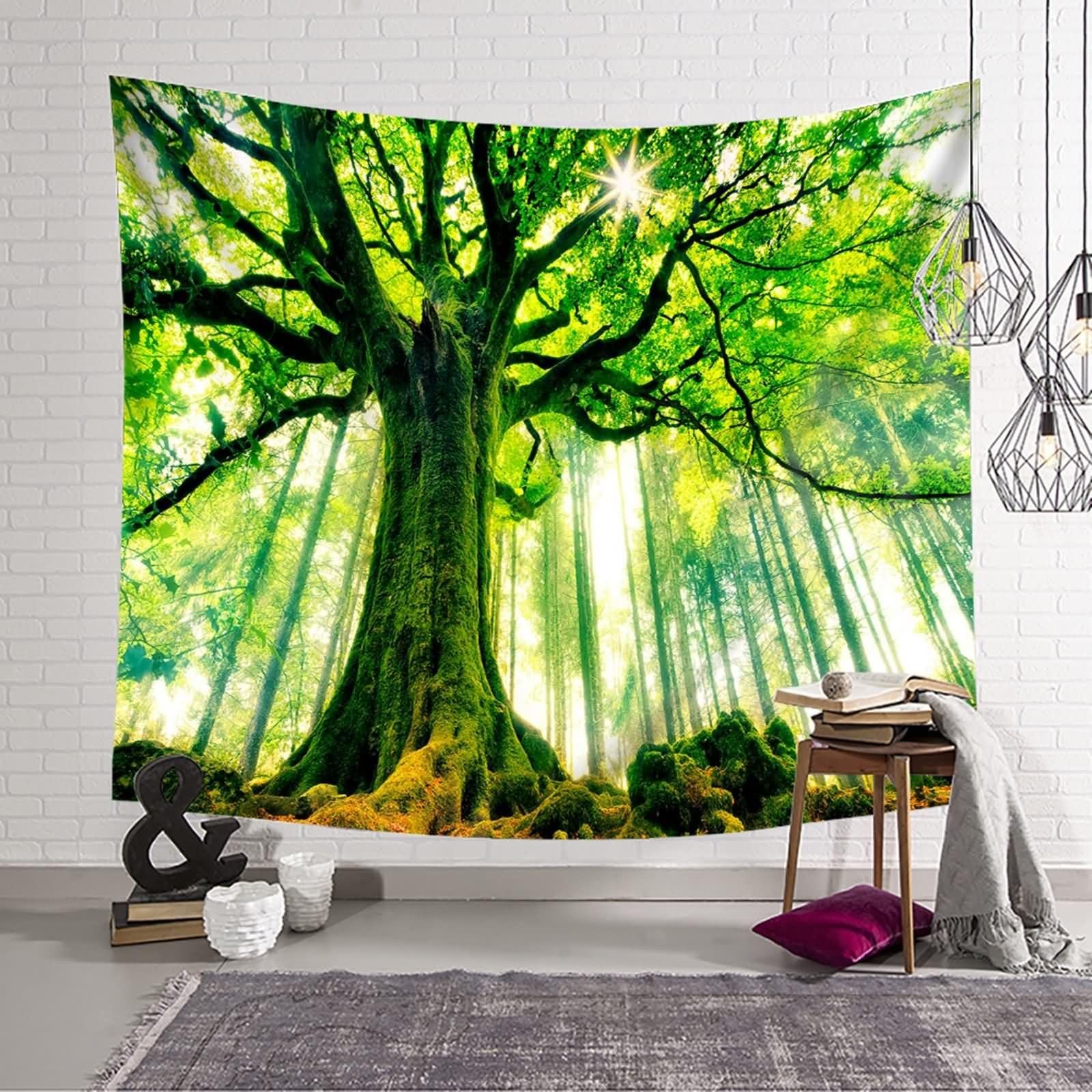 Homxi Tappeti Parete Camera Letto 260 x 240 CM,Alberi e Paesaggio Soleggiato Arazzi da Parete Moderni Poliestere Verde