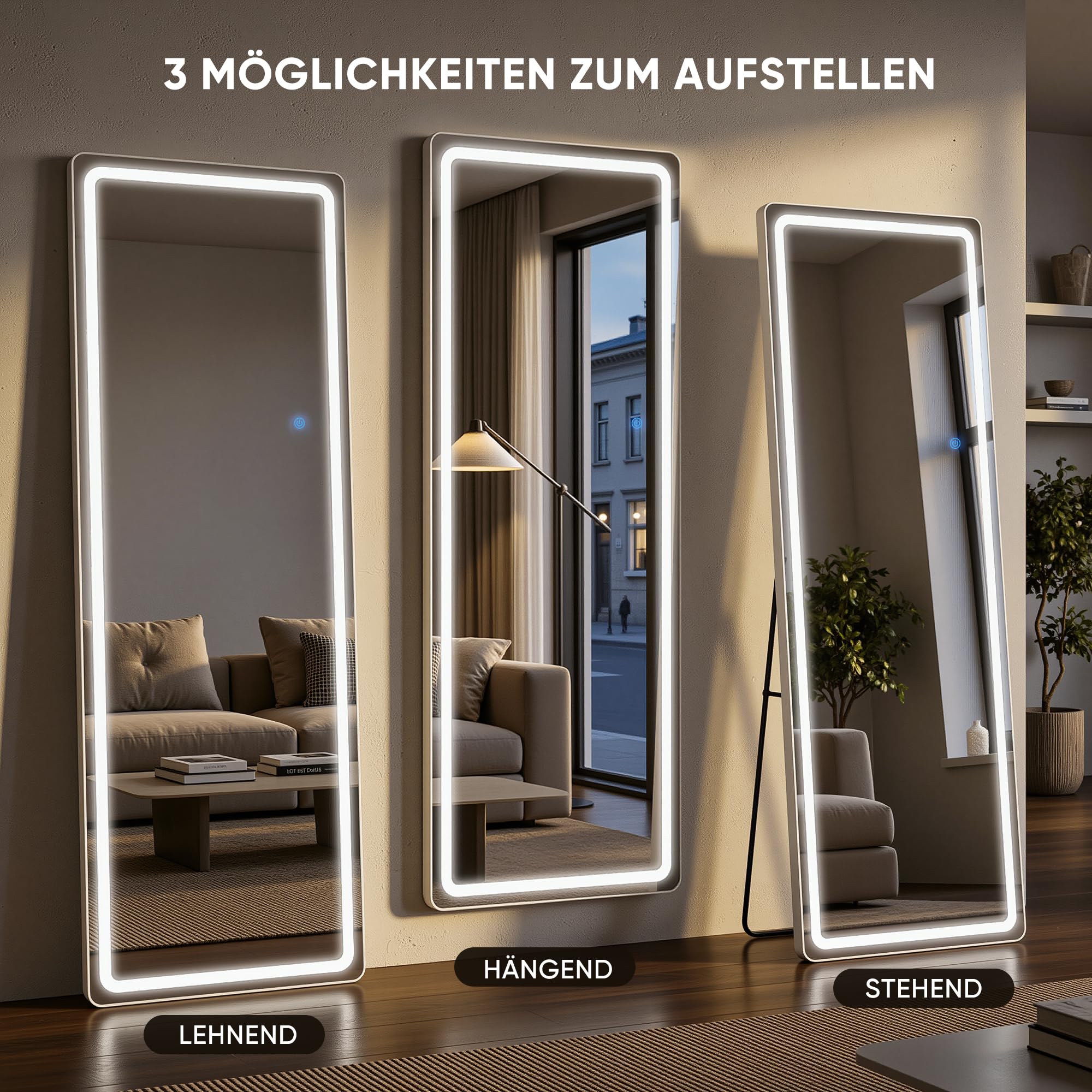 Antok Ganzkörperspiegel mit Beleuchtung, 161x50cm, LED Standspiegel in Volle Länge, Bodenspiegel mit Dimmen & 3 Farbbeleuchtungen, Freistehend, Lehnen, Hängespiegel für Schlafzimmer, Ankleidezimmer