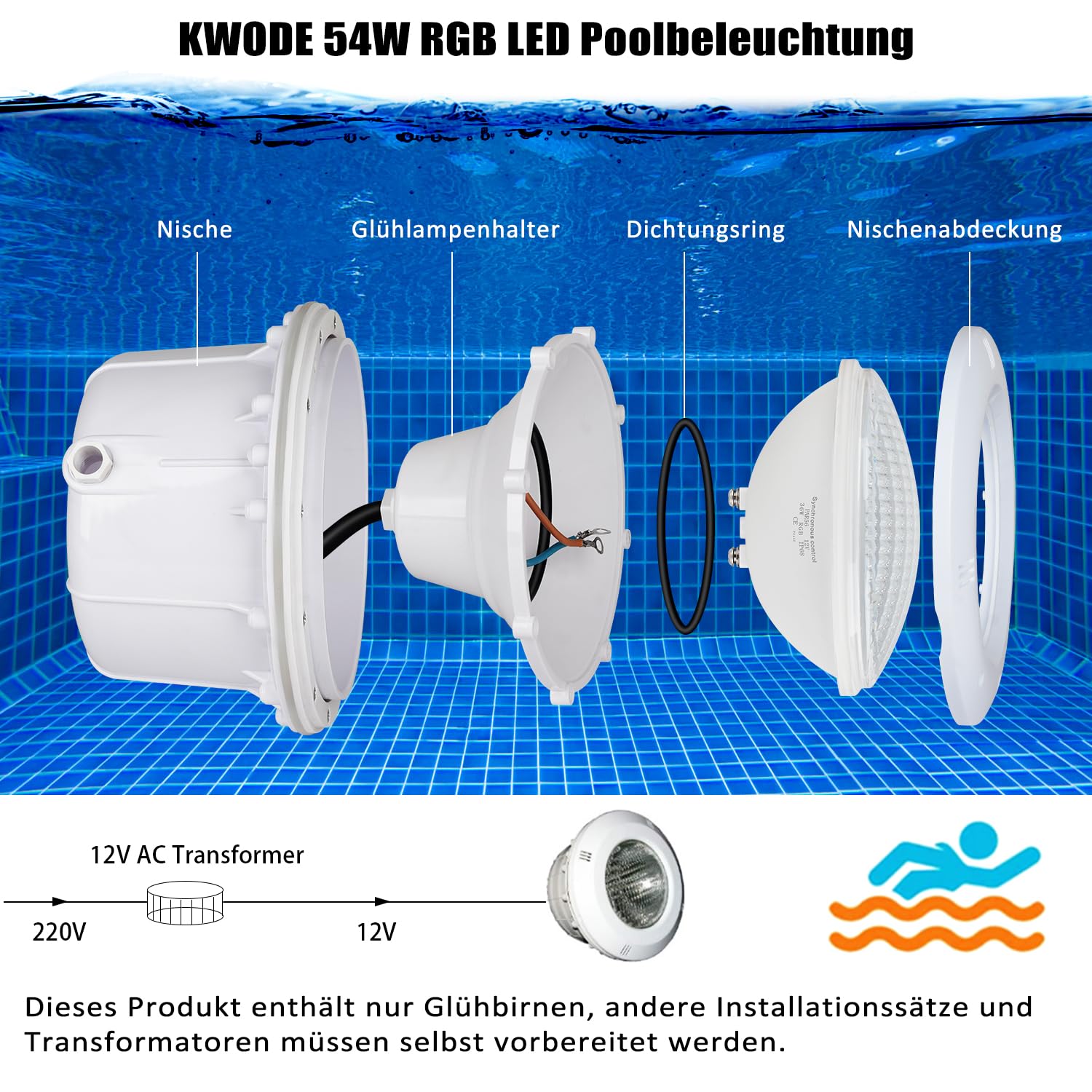 RGB Poolbeleuchtung, 54 W PAR56 Pooscheinwerfer Timing 2/4/6H con telecomando, lampada da piscina IP68 impermeabile, 12 V AC/DC