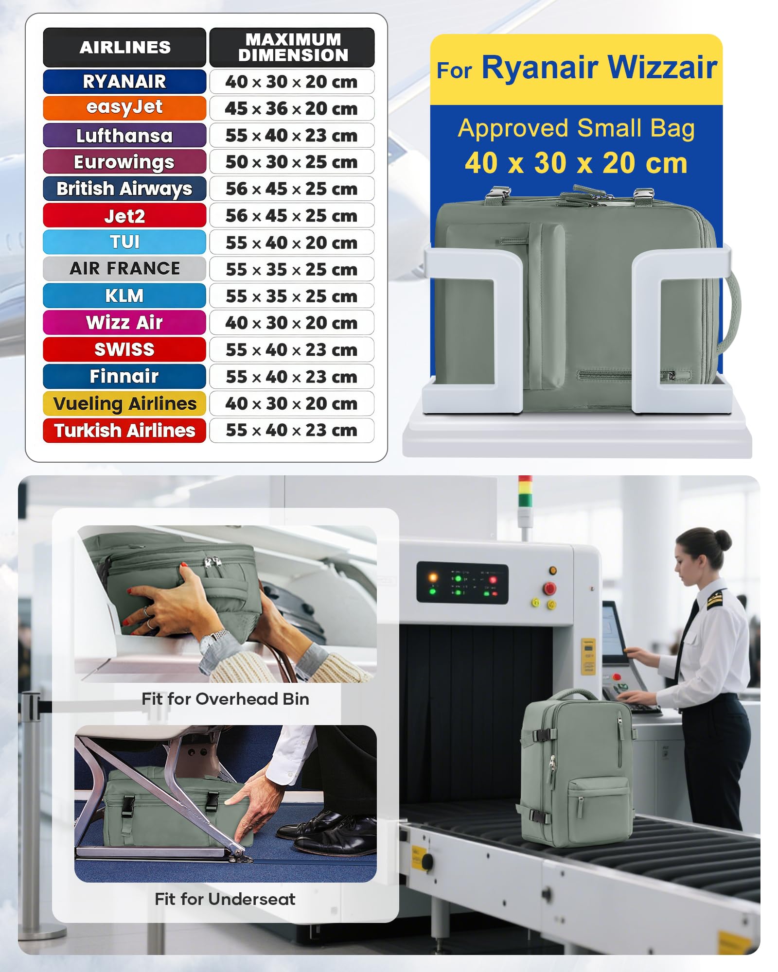 SZLX Zaino Ryanair 40x30x20 Sottovuoto Bagaglio a Mano 40x20x25 Donna Zaino da Viaggio 40x30x20 Wizzair Borse da Cabina per Easyjet 45x36x20 Uomo per Laptop 14 Pollici con Porta USB e Porta Scarpe