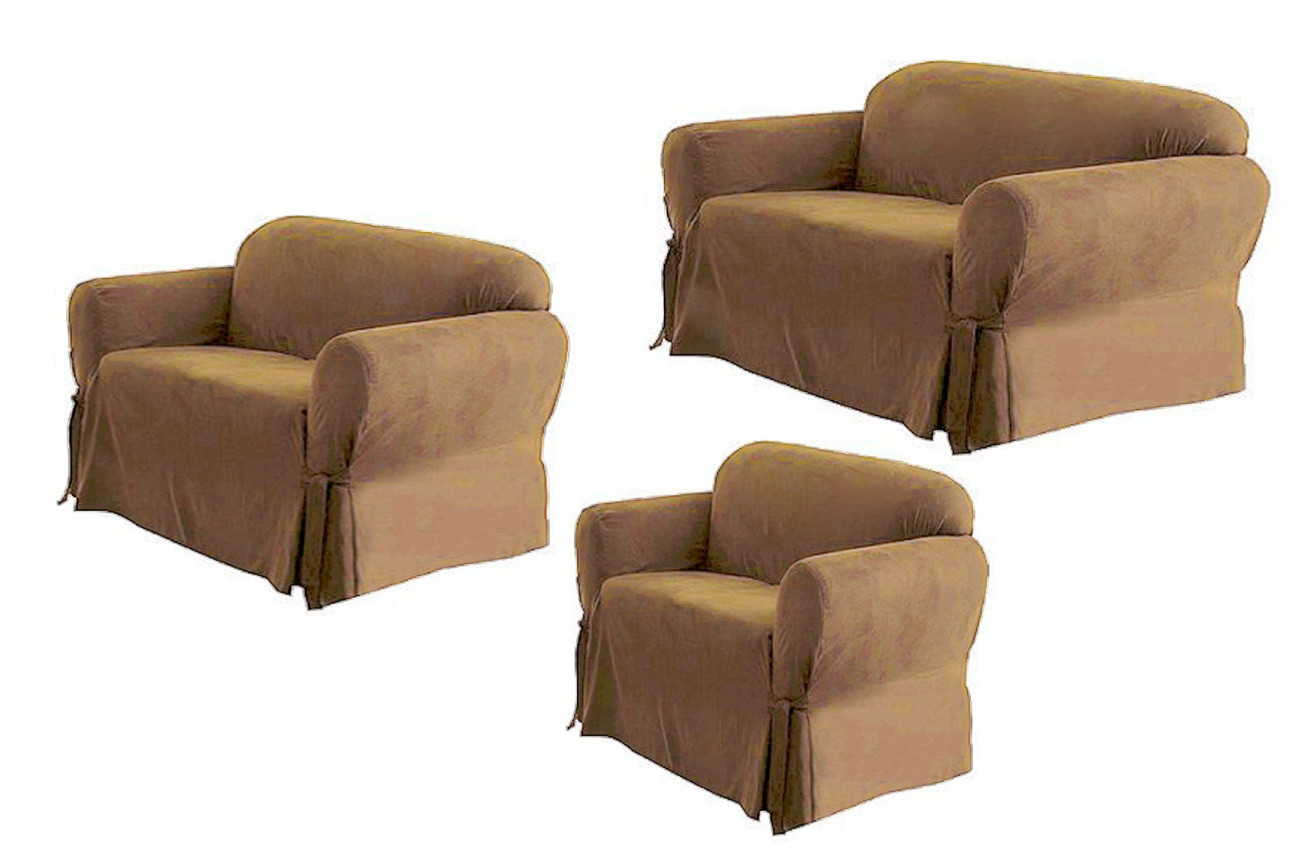 SOLID SUEDE Couch Cover 3 Pc. slipcover Set = Sofa + Loveseat + Chair Covers / Slipcovers 3 Pcs SET - BEIGE / TAN / KHAKI color