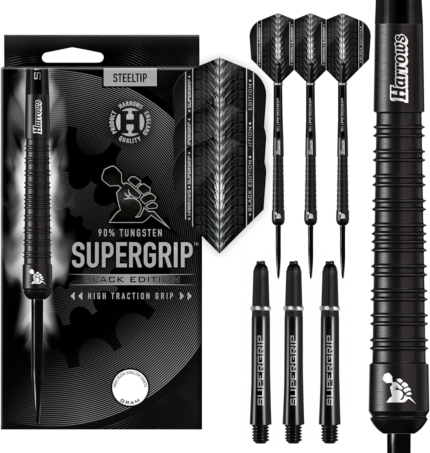 Harrows SUPERGRIP Black Edition 90% Tungsten Steel Tip Darts