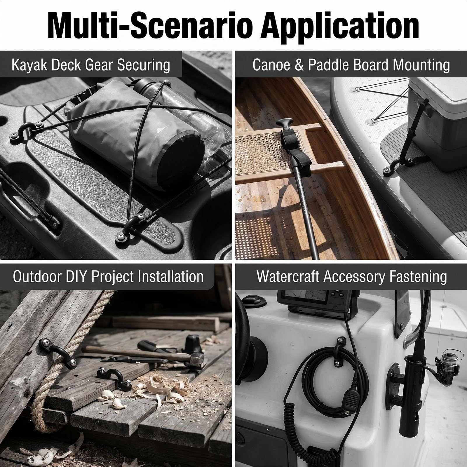 Kit di 10 occhielli neri per kayak, elastici in nylon, con 20 viti, accessori per kayak, kit di sartiame per barche e kayak
