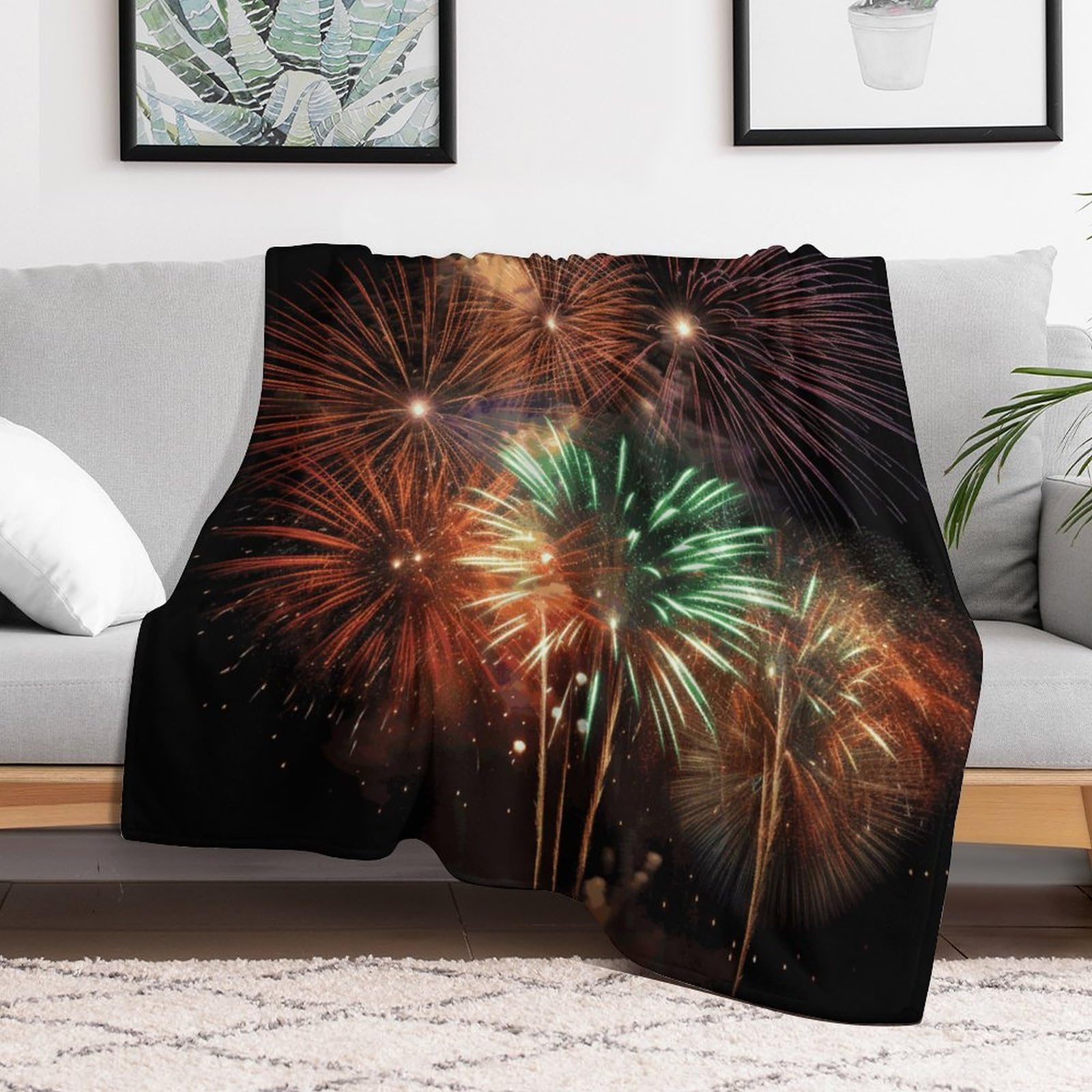 Custom Splendid Fireworks Blanket Lightweight Flannel Fleece Throw for Couch Sofa Bed Luxury Soft Cozy Plush Lap Bedtime Blanket for All Seasons Bedroom Home Decor Gifts 30x40