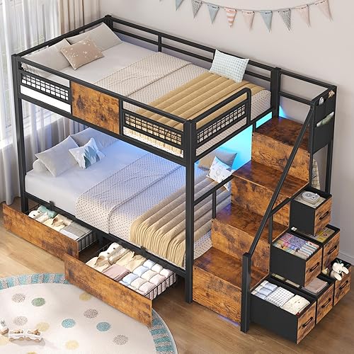BTHFST Bunk Bed Twin Over Twin with Stairs, LED Lights Twin Bunk Bed with 2 Storage Drawers & 6 Fabric Drawers, Metal Twin Loft Beds with Guardrail & Stairs, Space Saving, Sturdy Frame
