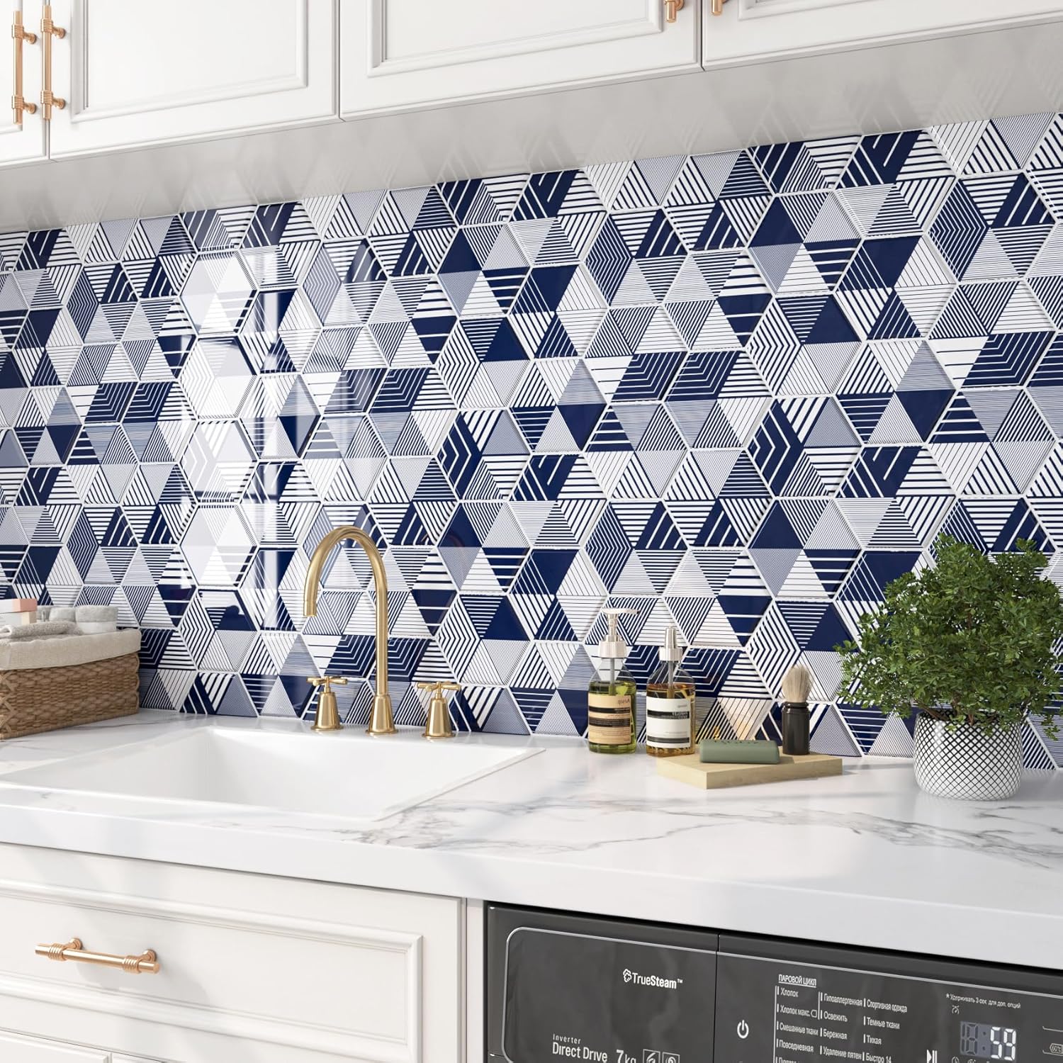 FunStick 30Pcs Blue and White Hexagon Backsplash Tile Peel and Stick Backsplash for Kitchen Bathroom Wall 12"x12" Removable Renter Friendly Stick on Back Splashes Tile Sticker for Shower RV Wall Tiles