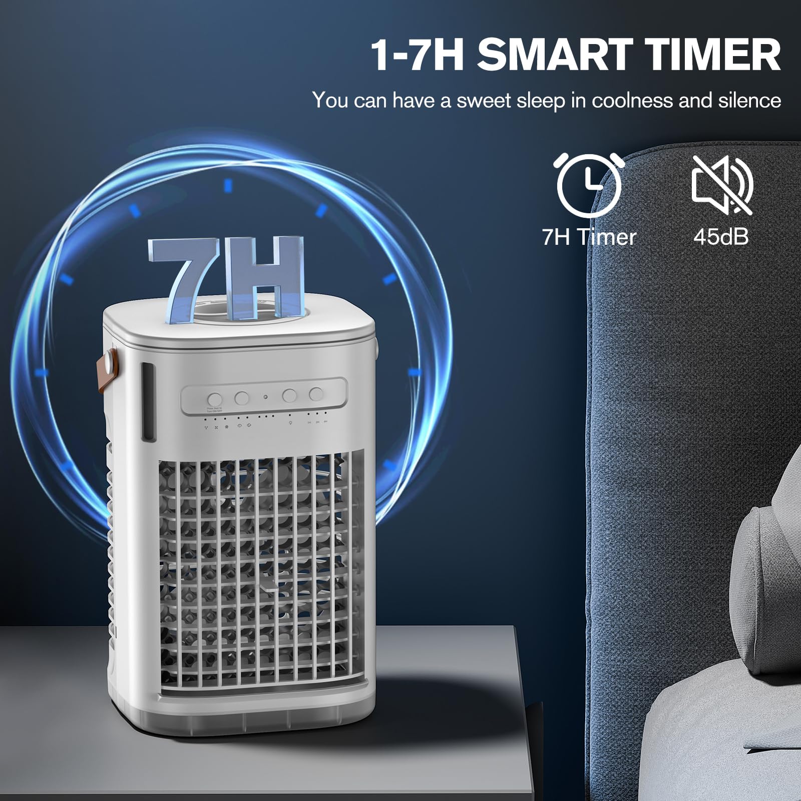 Aire acondicionado portátil con control remoto, carga USB, mini aire acondicionado, tanque de agua de 40.6 fl oz, 2 cajas de hielo y 2 pulverizadores, temporizador inteligente 7H, enfriador de aire 4