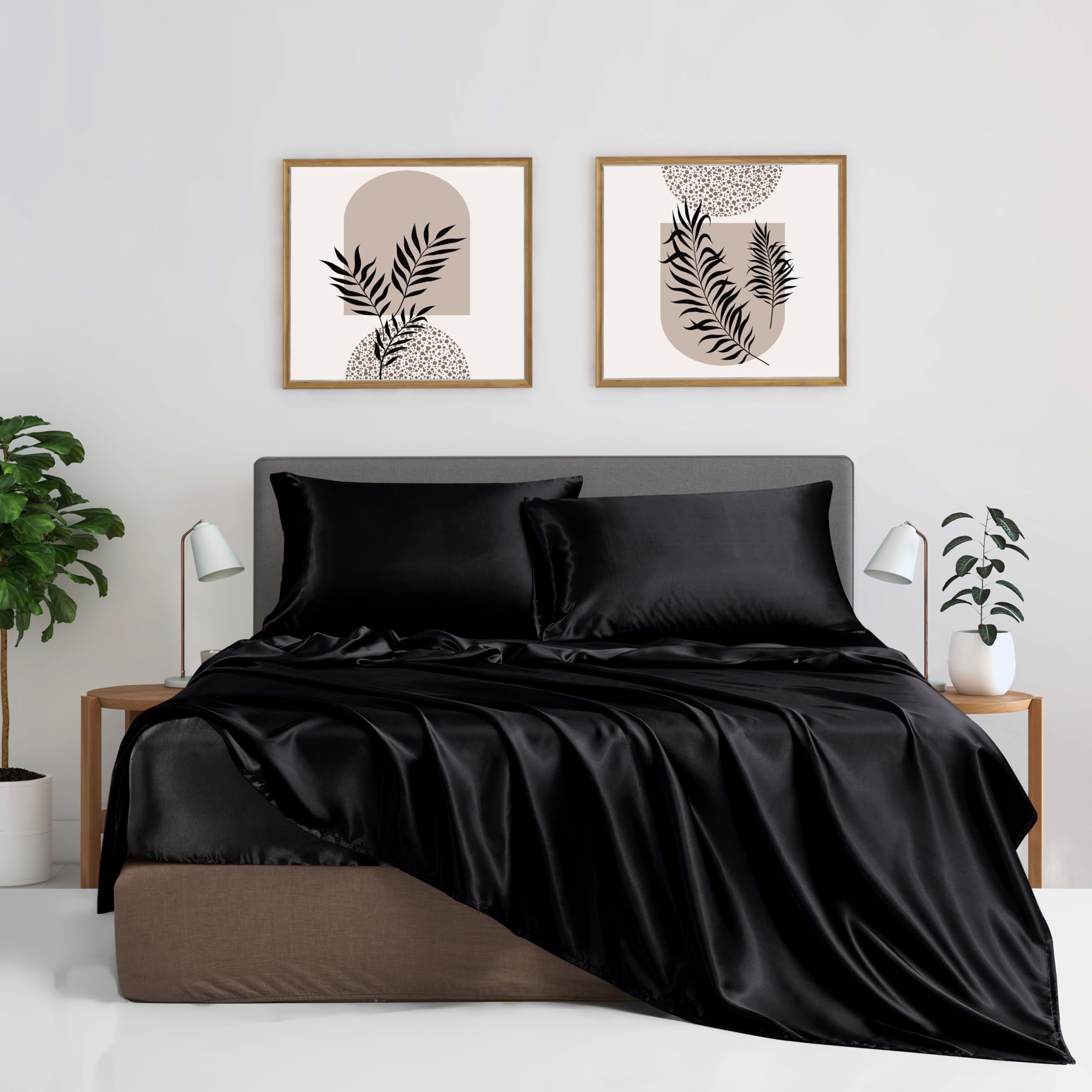 Black Satin Sheet Set Queen Size Ultra Soft Satin Queen Bed Sheets with Easy-Fit Deep Pocket Soft Microfiber, Fade Resistant, Easy Care,1 Flat Sheet, 1 Fitted Sheet, and 2 Envelope Closure Pillowcases