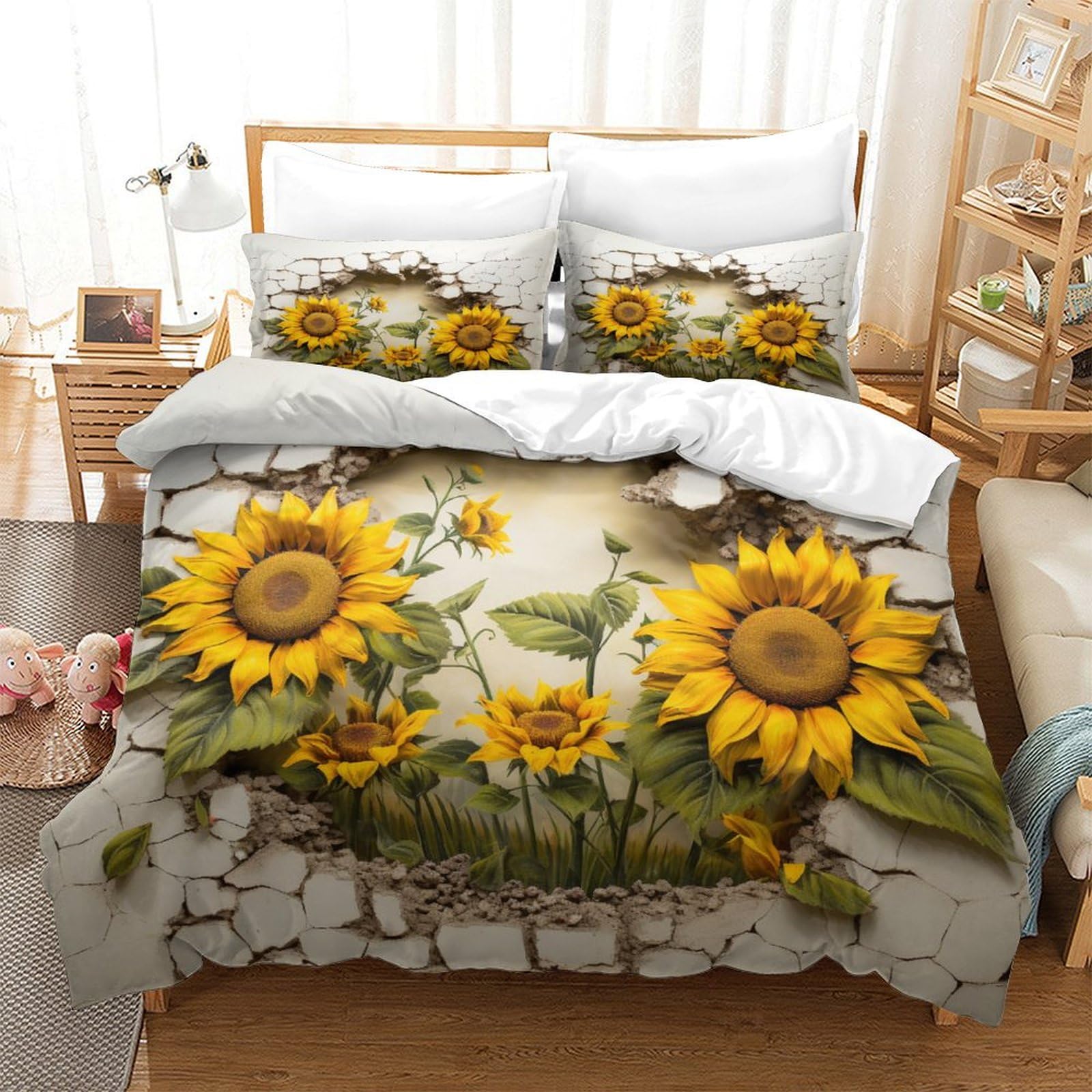 P1S9U7W5Y 3D Printed Realistic Sunflower Floral Duvet Cover Set 3 Pieces Microfiber Bedroom Decoration Sunflower Bedding Set for Adults All Seasons King（220x240cm）