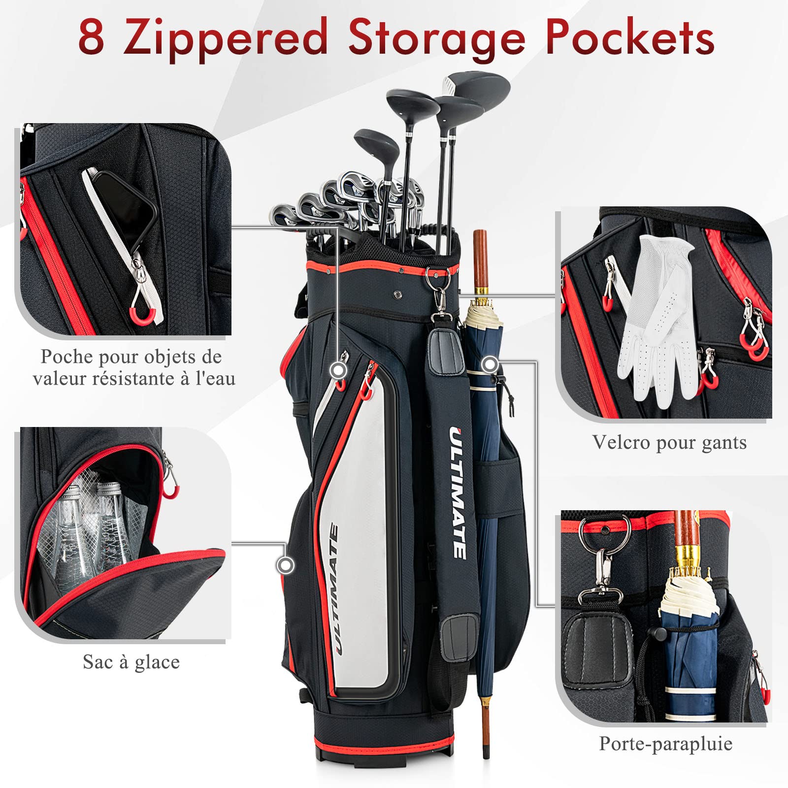 GYMAX Sac pour Chariot de Golf, Grande Capacité avec 14 Compartiments, 8 Poches, Sac pour Golf avec Capuchon de Pluie, Bandoulière