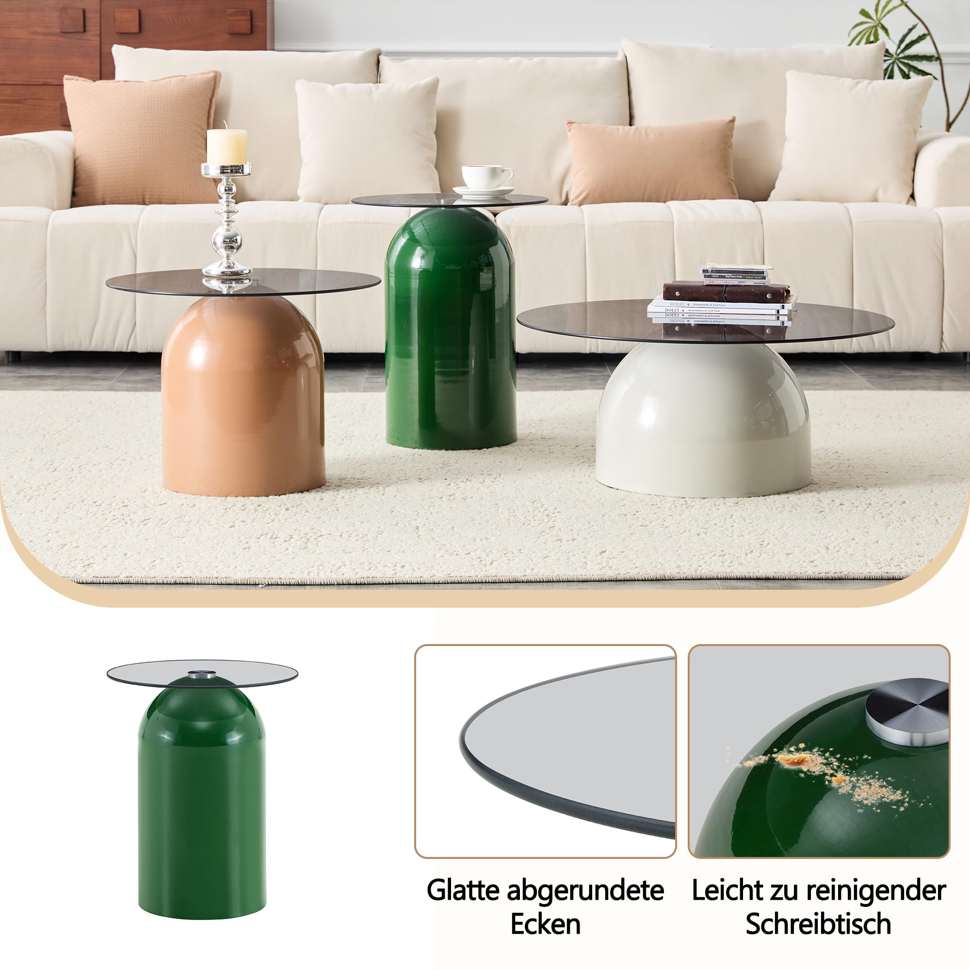 Mesa de centro redonda de 70 cm, mesa de cristal con cristal de seguridad y marco de acero al carbono, mesa de sofá moderna para sala de estar, salón, oficina y cafetería (gris, C)