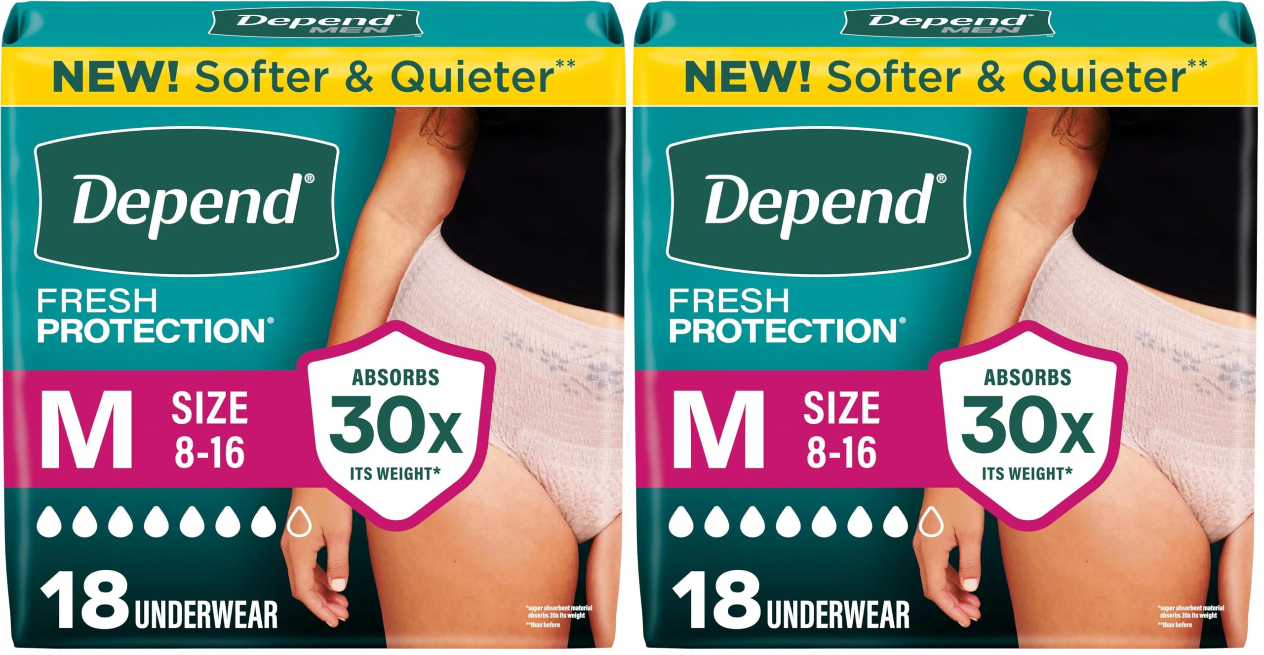 Depend Fresh Protection Adult Diapers, Incontinence &amp; Postpartum Bladder Leak Underwear for Women, Disposable, Maximum, Medium, Blush, Packaging May Vary, 18 Count (Pack of 2)