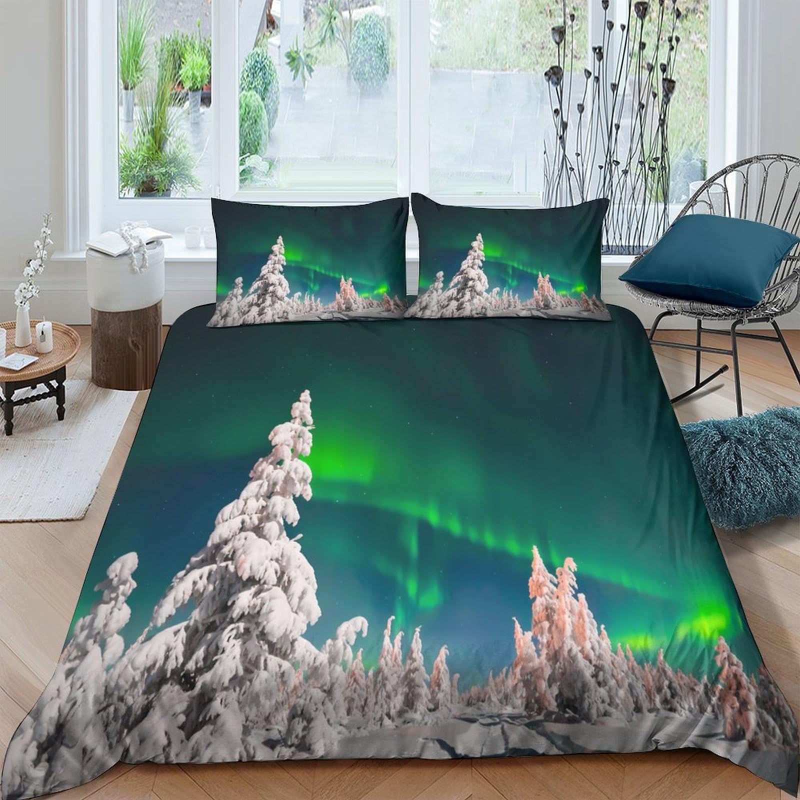 Ctjqhvkz Style-5 3D Printed Aurora Borealis Fitted Sheet Microfiber Soft Green Blue Northern Lights Mattress Cover For Bedroom Dorm Decor Single（135X200cm）