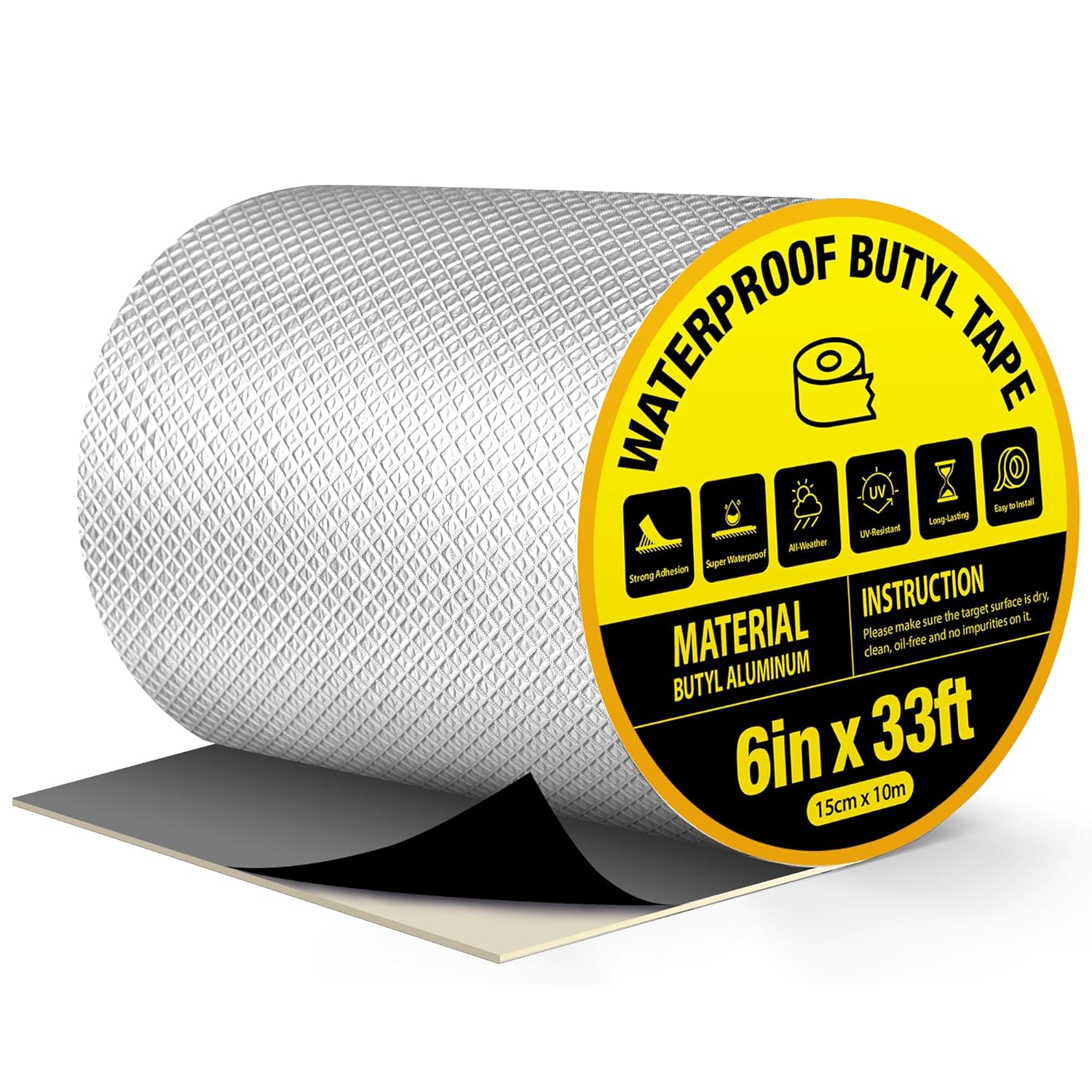 Super Waterproof Butyl Tape 6" W x 33 ft L, Strong Self-Adhesive Aluminum Foil Flashing Tape for Sealing Metal Roof Sheets, Gutters and Downpipes Repair, HVAC Ducts, Vents, Skylights