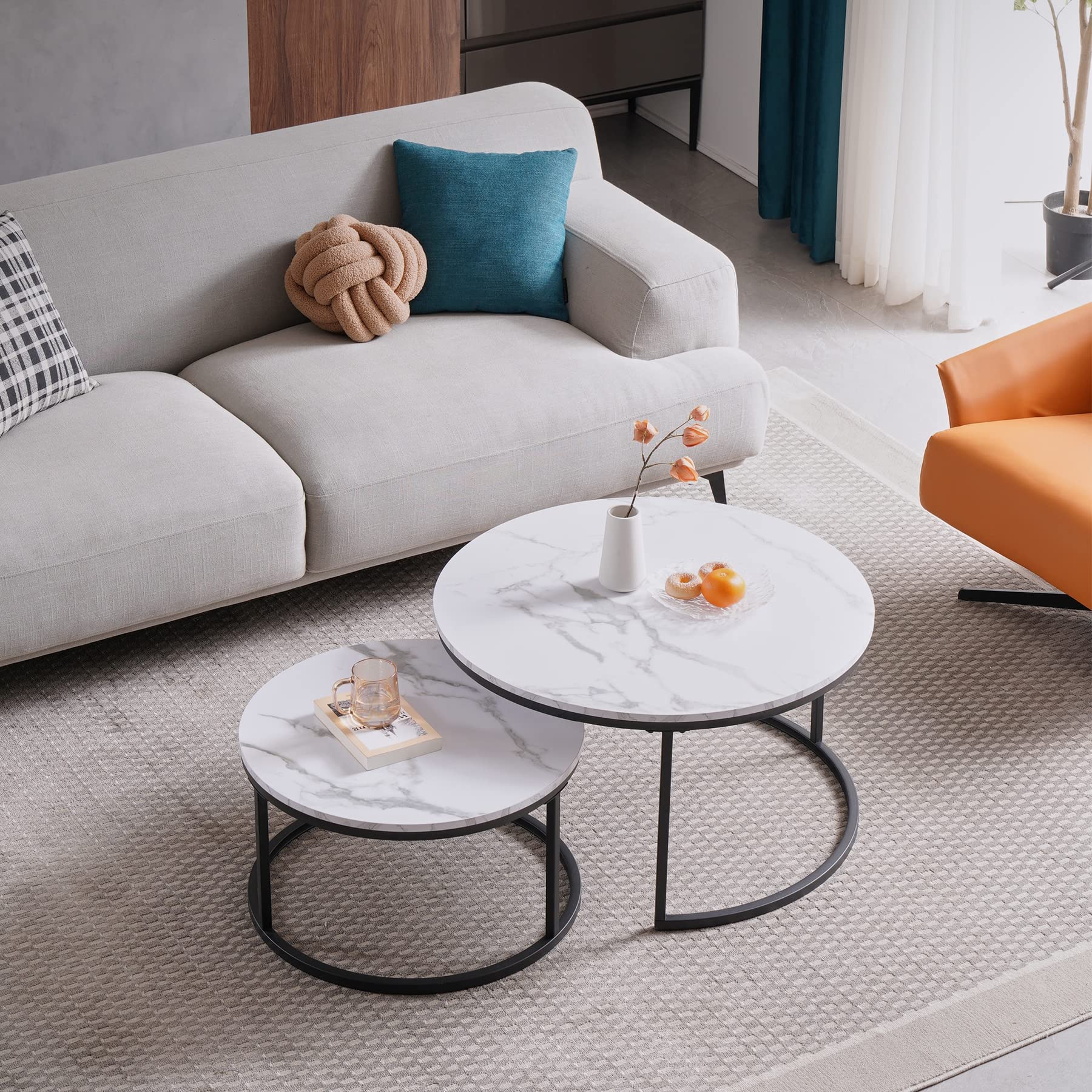 Lot de 2 Tables Basses Gigognes Blanc avec Cadre Doré ; Tables Basses Rondes Modernes pour Salon, Chambre, Balcon, Bureau. Grande: 80 * 80 * 45cm; Petite:60 * 60 * 35cm (Blanc+Noir)