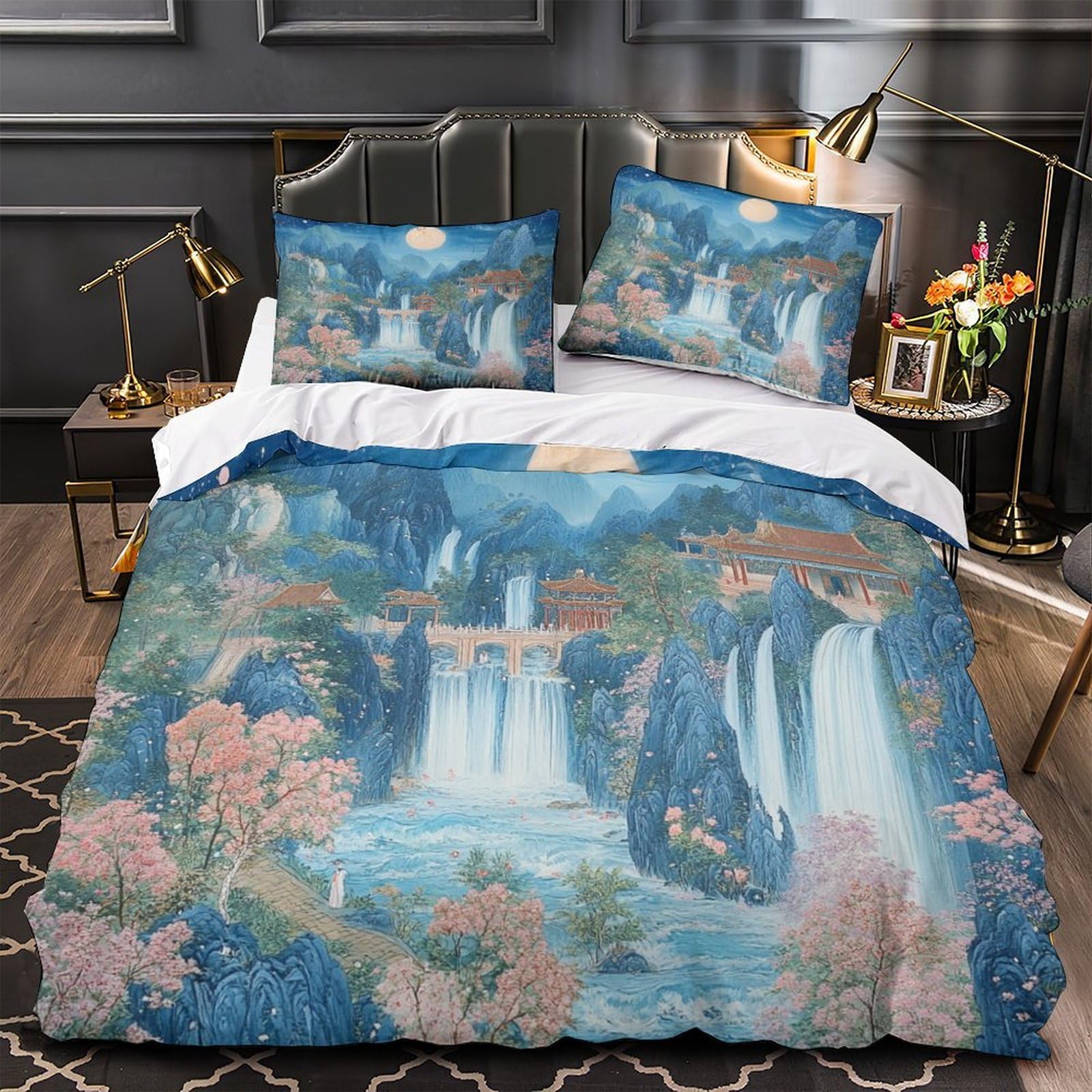 Housse de couette microfibre douce motif lac 3D hypoallergénique 200x200