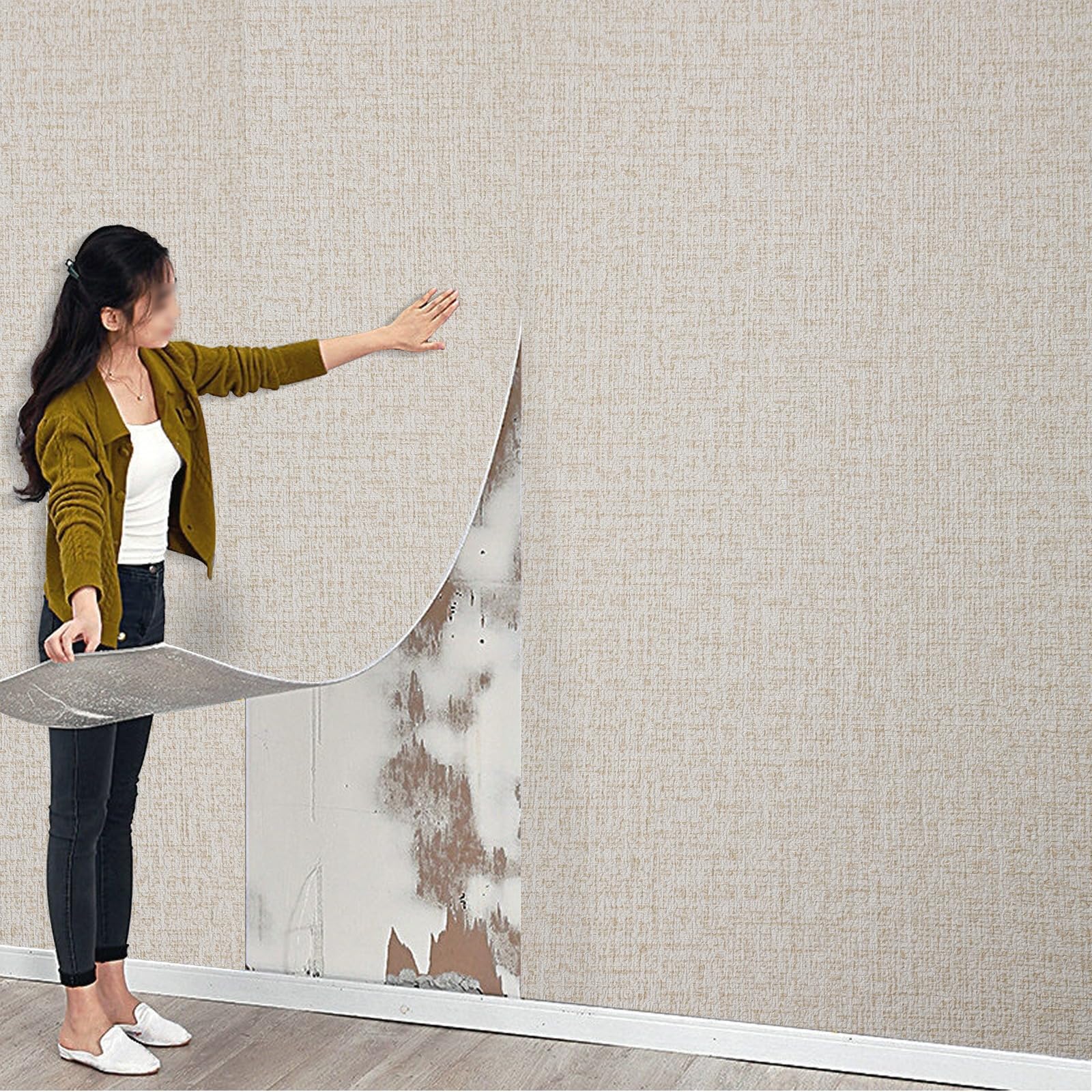 Swehooirt 3mm 3Rolls Thicken Plain Beige Self Adhesive Insulation Thermal Wallpaper Roll Peel and Stick Linen Textured Wallpaper Waterproof Bathroom Ceiling Panels Kitchen Living Room Bedroom — image 1