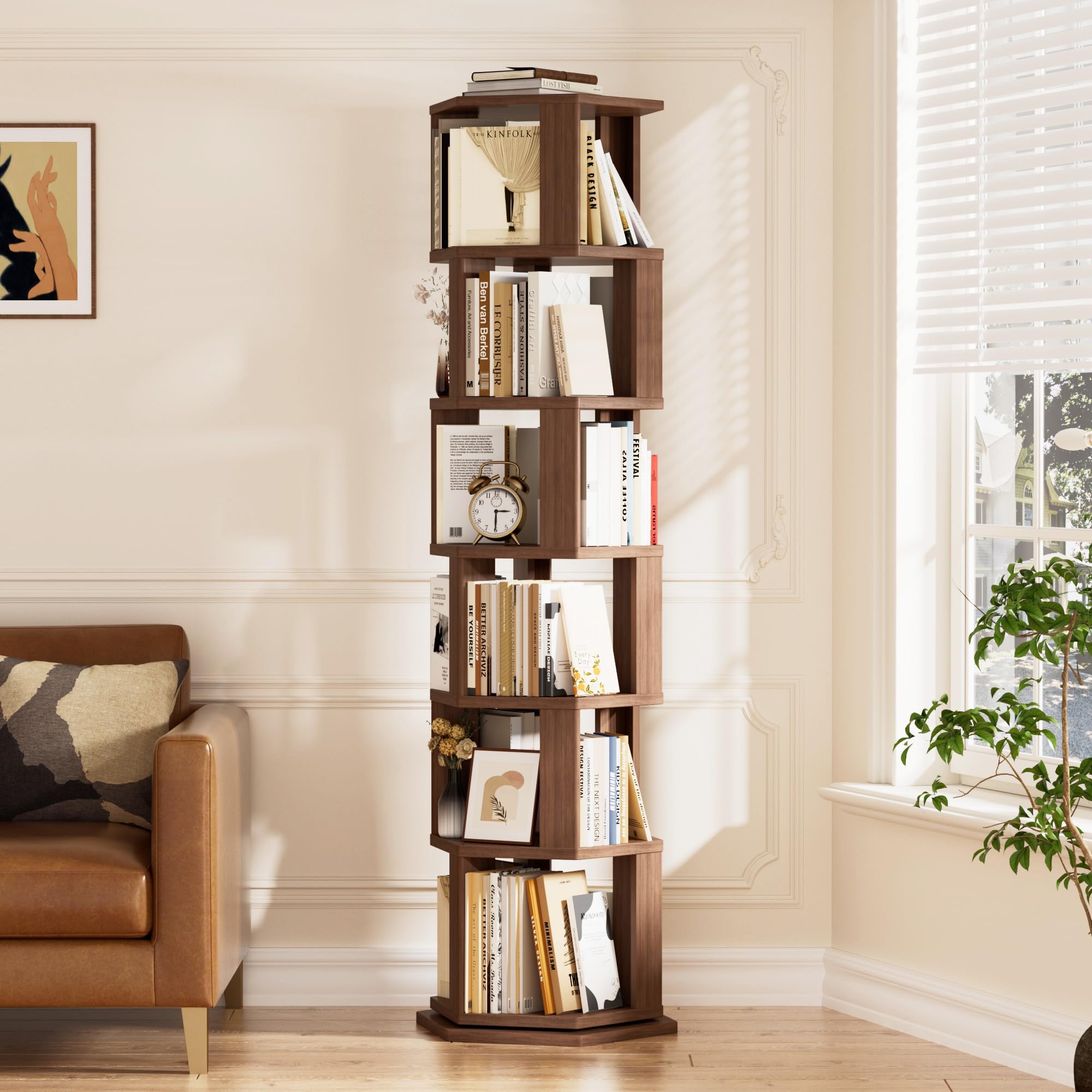Libreria a torre girevole, 6 ripiani in legno massello