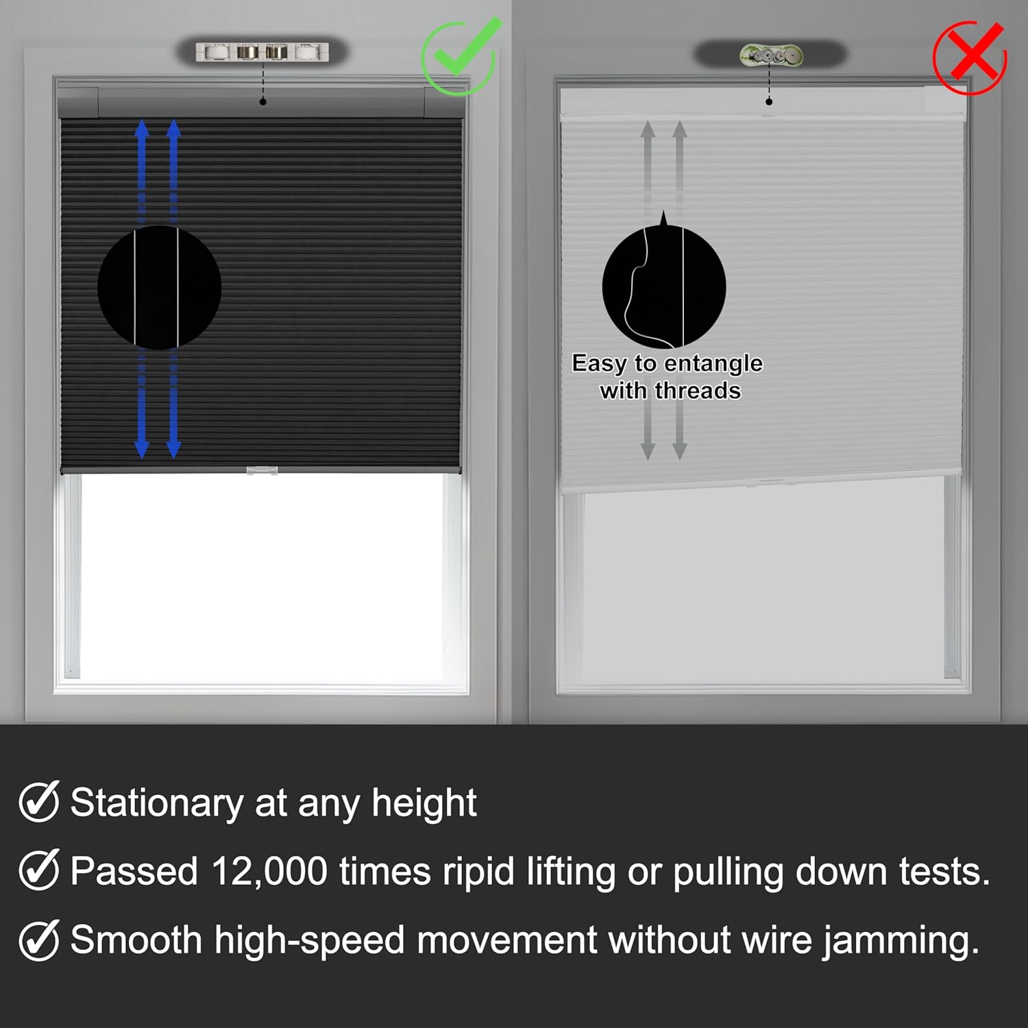No Drill No Tools Blackout Cellular Shades Easy to Install for Indoor Windows Cordless Honeycomb Blinds Thermal Insulated Noise Reduction,Black,59" W x 48" H