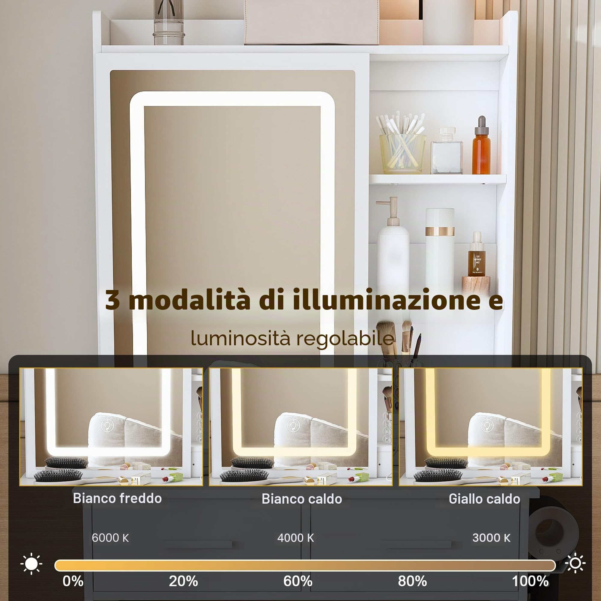 Piccolo tavolo da toeletta bianco con specchio, illuminazione a LED regolabile e presa elettrica, incluso sgabello imbottito, spazio nascosto e ripiano salvaspazio, per piccole camere da letto