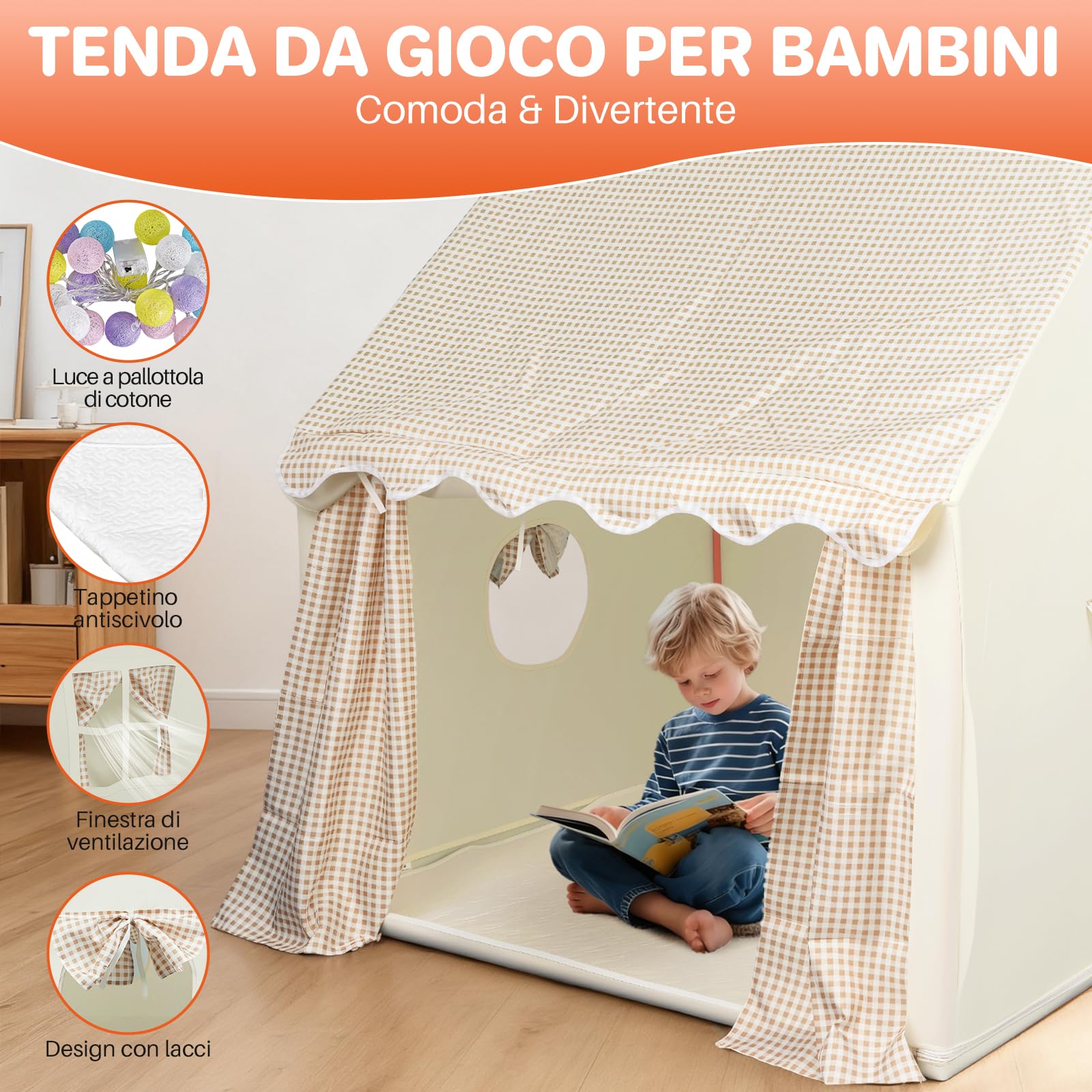 FUNYKICH Tenda per Bambini,Tenda per Bambini da Gioco con Struttura in Metallo,IncludeTappetino Antiscivolo,Luci e Borsa Organizzatore,Casetta Multifunzione per Interni/Esterni,120x100x130 cm