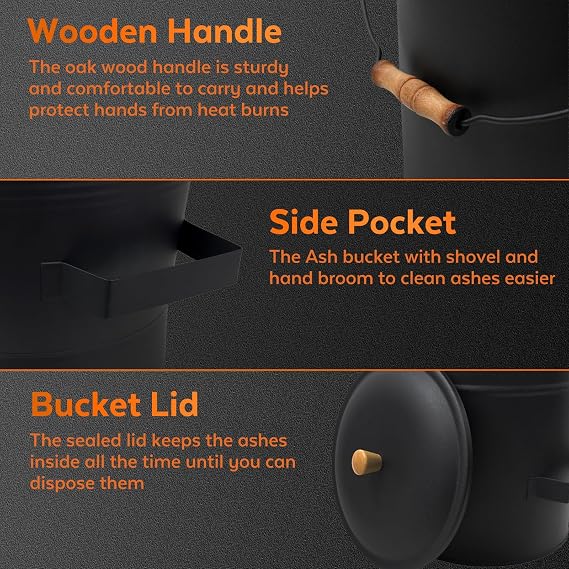 Ash Bucket with Lid and Shovel, 4 Gallon Ash Bucket for Fireplace, Complete Fireplace Tools Set, Fireplace Bucket for Ashes for Wood Stove
