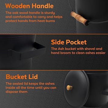 Ash Bucket with Lid and Shovel, 4 Gallon Ash Bucket for Fireplace, Complete Fireplace Tools Set, Fireplace Bucket for Ashes for Wood Stove
