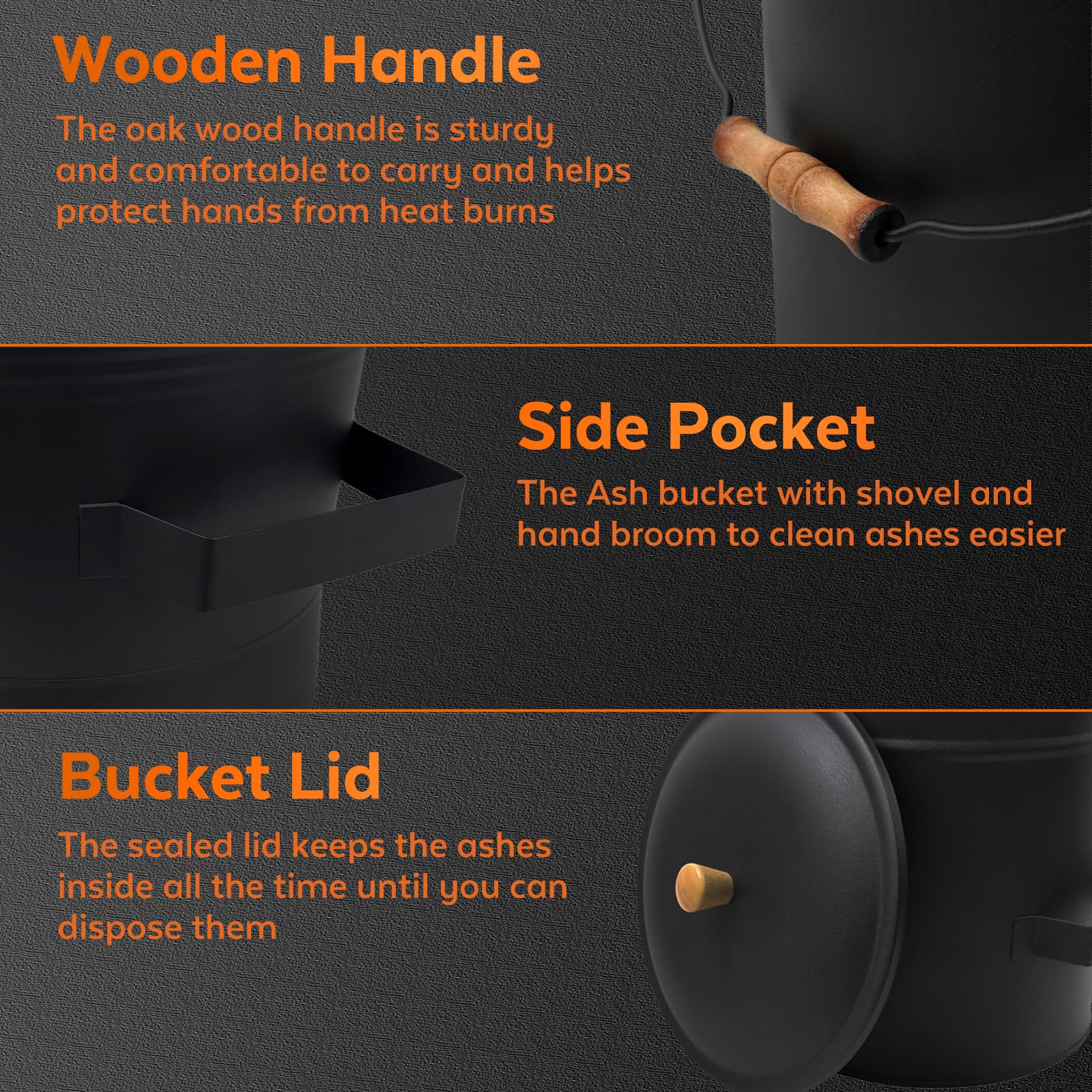 Cubo de cenizas con tapa y pala, cubo de cenizas de 4 galones para chimenea, juego completo de herramientas de chimenea, cubo de chimenea para cenizas para estufa de leña
