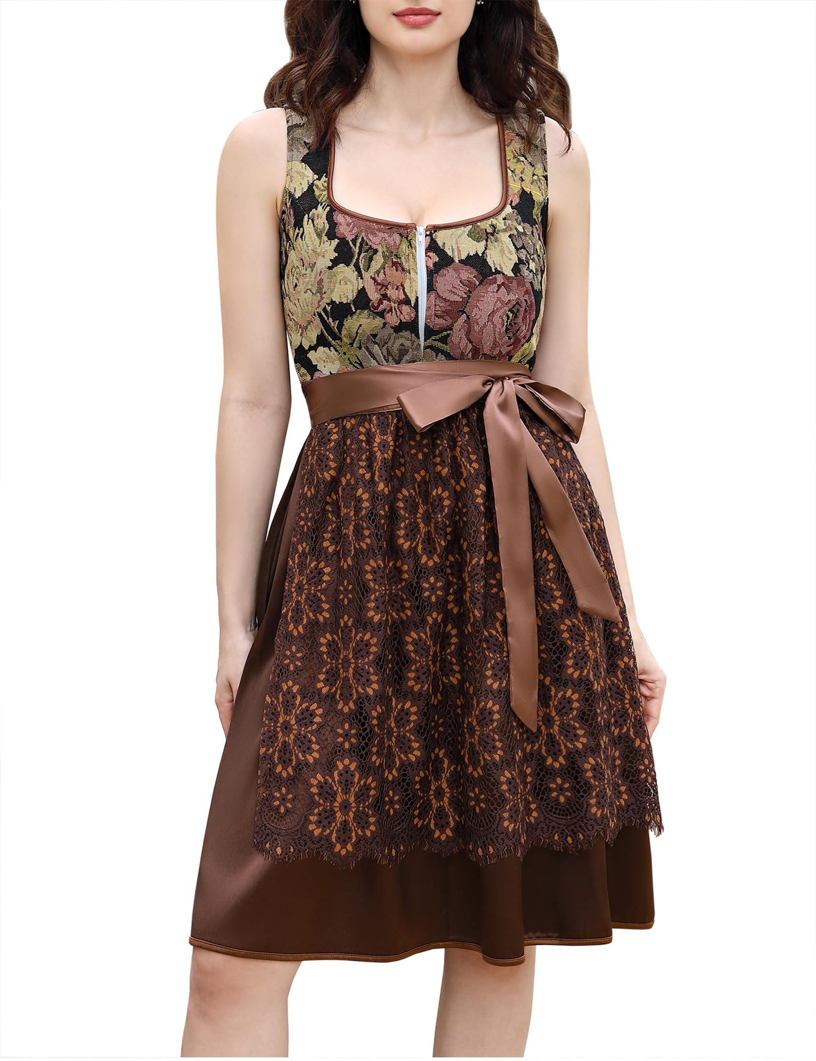 KOJOOIN Midi Dirndl Damen Elegante Trachtenkleid für Oktoberfest Besondere AnläSse Inkl. Spitzenschürze