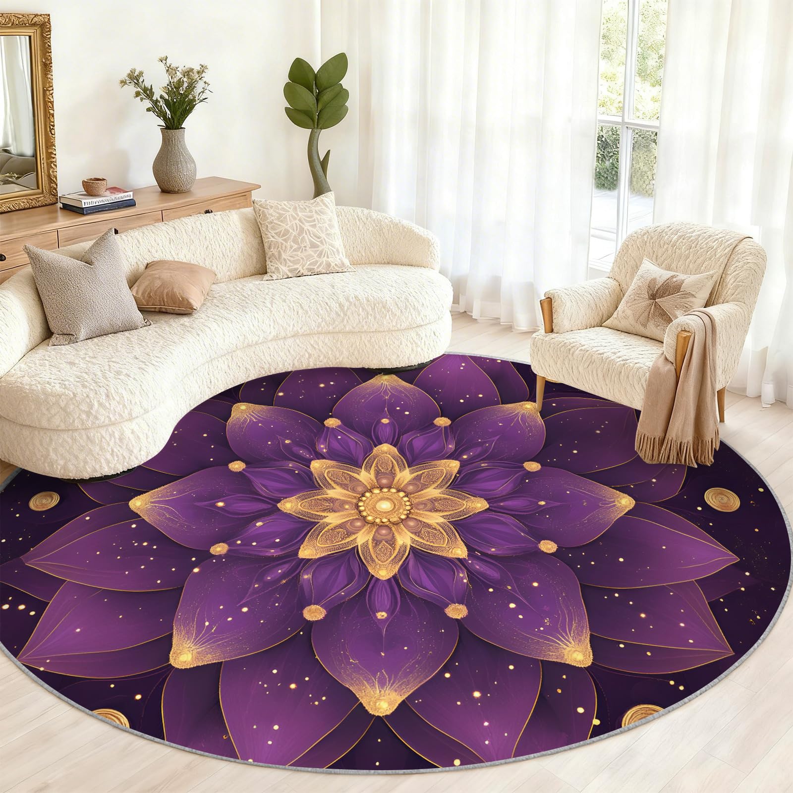 Tapis rond mandala lotus, ligne dorée pour salon, chambre à coucher, motif géométrique et étoilé, lavable, antidérapant, tapis décoratif