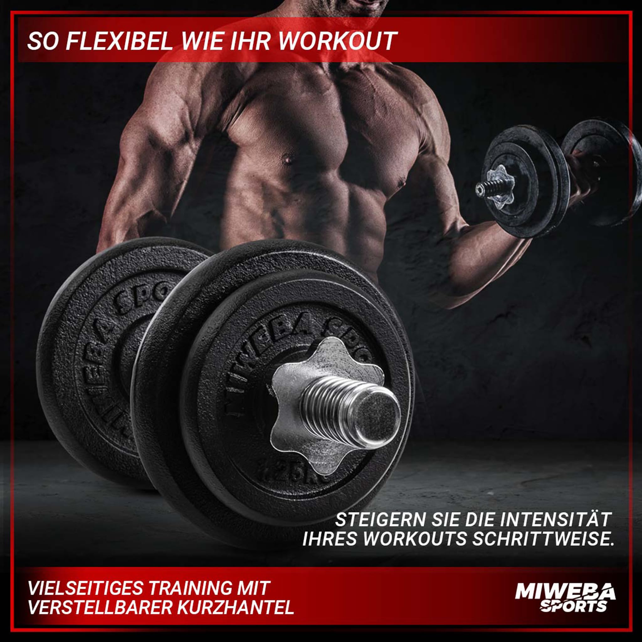 Miweba Sports Hantelset MKH110 | 10 kg | 20 kg - 𝐏𝐫𝐨𝐟𝐢 Einzelhantel - Hanteln Set - Stange 30 mm - Kurzhanteln Frauen und Männer - Hantel Set - Gusseisen Kurzhantelset - Kurzhantel