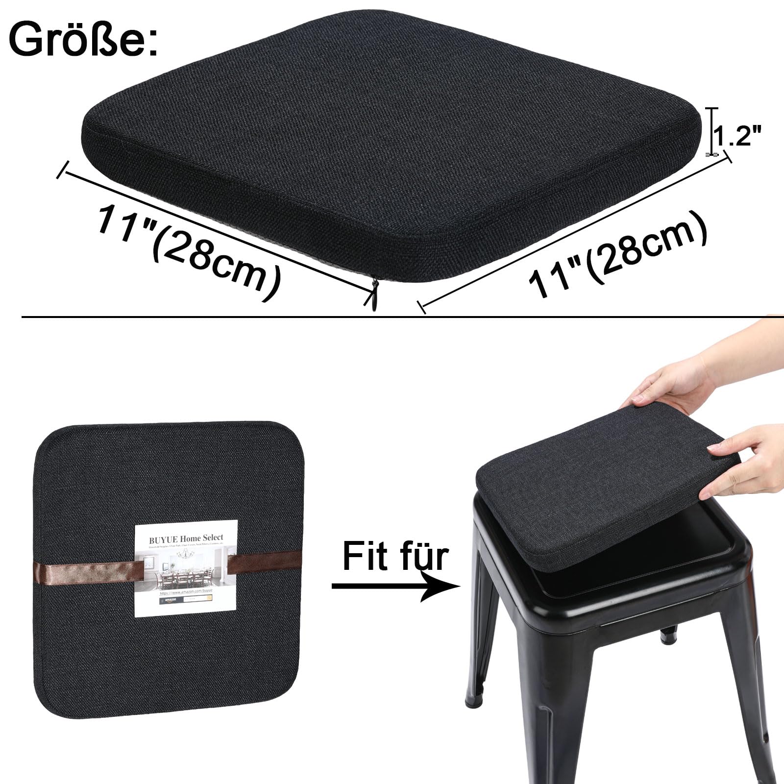 BUYUE Leinen magnetische Barhocker Kissen 1 Stück, Verbesserte Anti-rutsch atmungsaktiv kleinen Stuhl Sitzpolster für Cafe Bistro stapelbar Metallhocker (Quadrat, schwarz, 4)