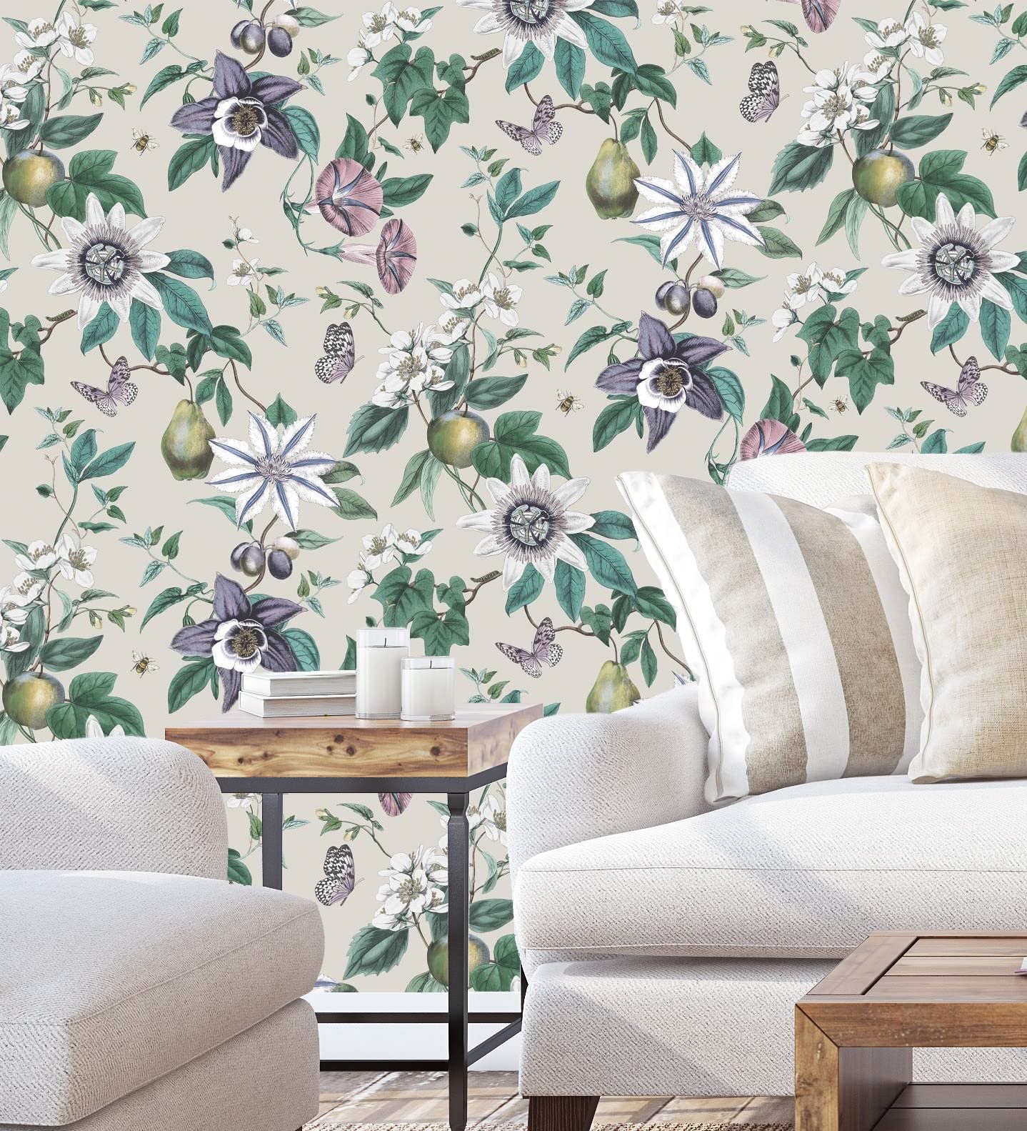 GAULAN 681966 - Papel pintado de flores y frutos fondo nácar beige para pared salón dormitorio pasillo comedor - Rollo de 10 m x 0,52 m