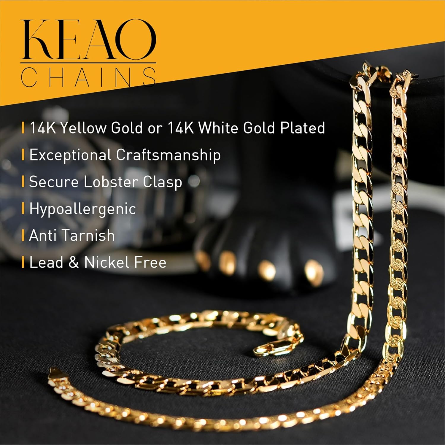 KEAO CUBAN ÉLITÉ Miami Diamond Cut Cuban 14K Gold/White Gold Plated Chain Lobster Clasp Unisex Hypoallergenic - Image 4