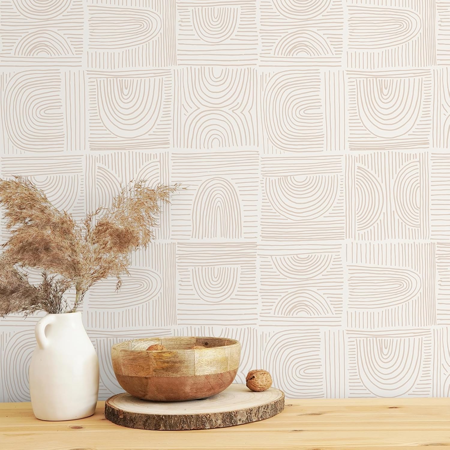 VEELIKE Boho Geometric Wallpaper Peel and Stick Removable Abstract Mid Century Wallpaper 17.7''x354'' Neutral Geometric Art Deco Wallpaper for Bedroom Bathroom Accent Wall Self Adhesive Contact Paper