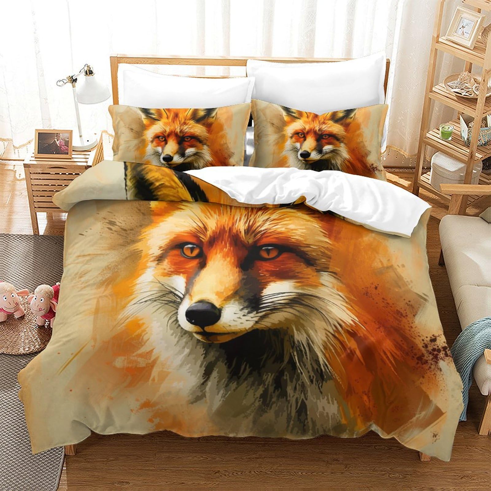 Housse de couette Jungle Renard 3D Super King avec deux taies d'oreiller en microfibre